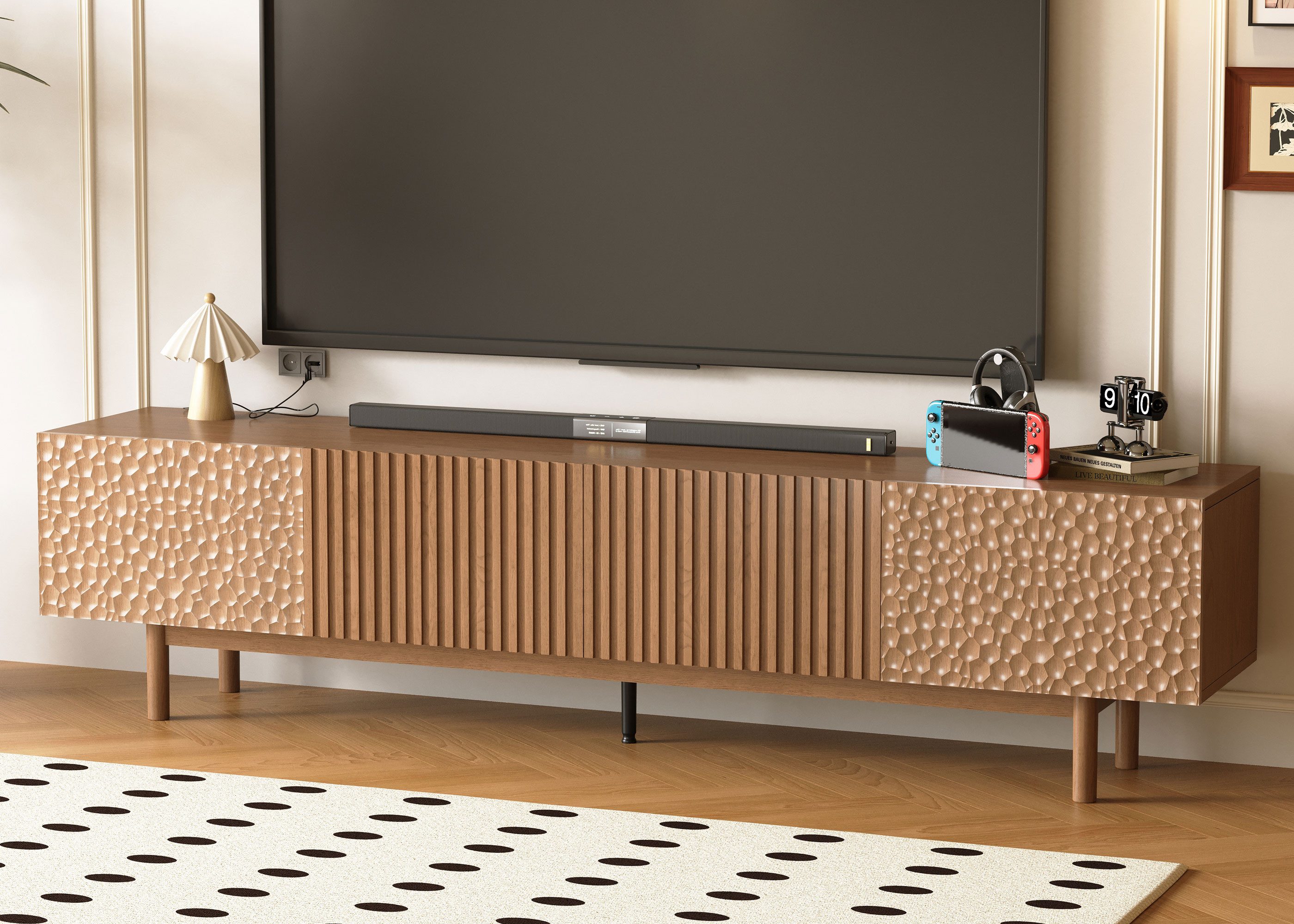 TV-Schrank Mid-Century TV-Lowboard ausziehbar, Walnuss, für 80"+ TV