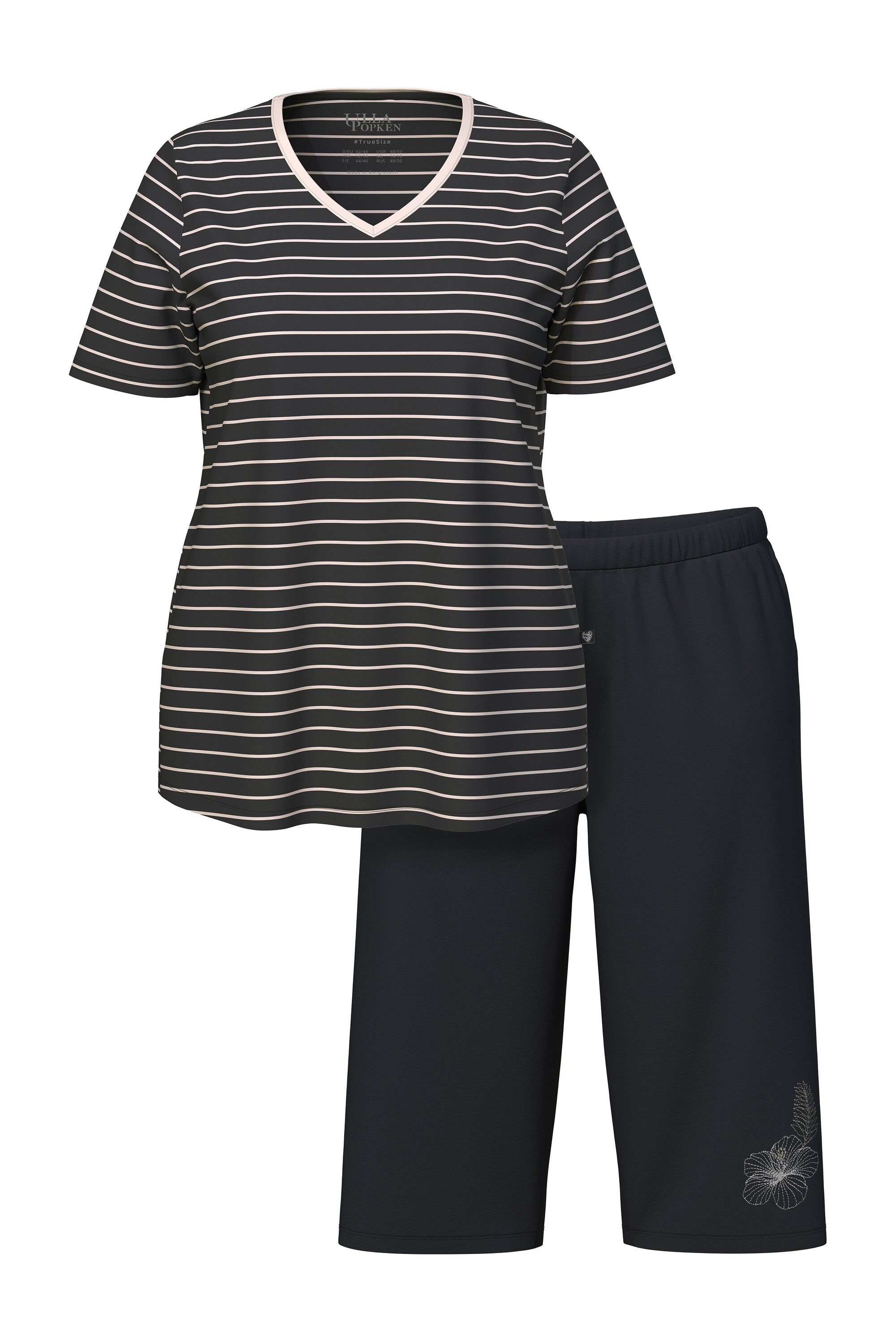 Ulla Popken Pyjama Pyjama Ringel Stickerei V-Ausschnitt Halbarm günstig online kaufen