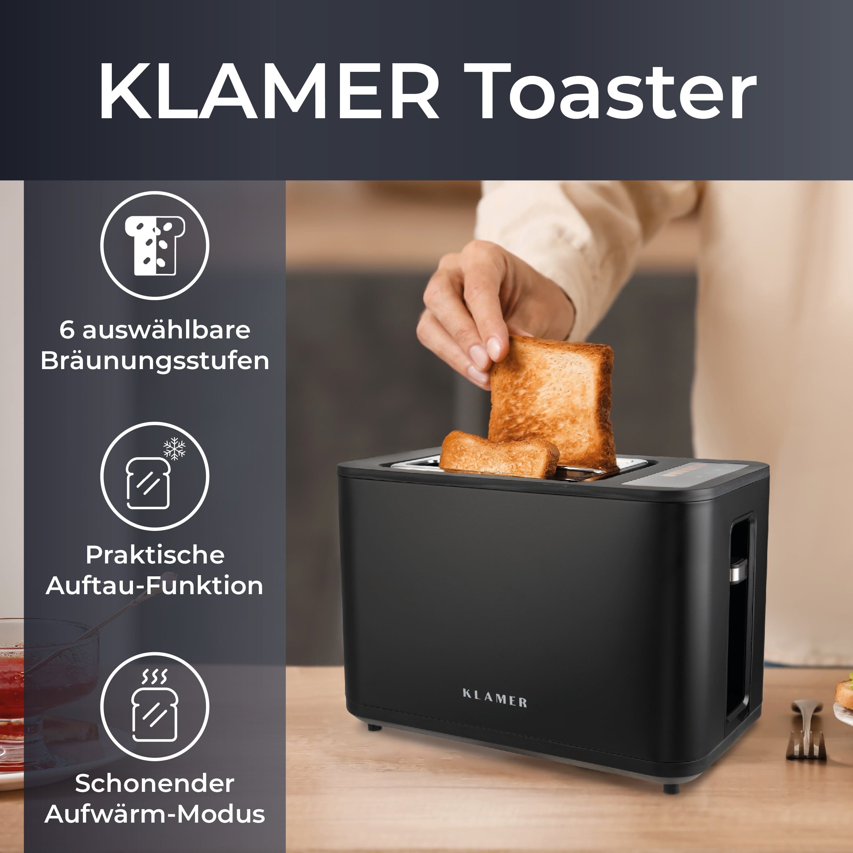 KLAMER Toaster Toaster mit Brötchenaufsatz, hochwertiger 2 Scheiben-Toaster, 6 Bräun…, 900 W