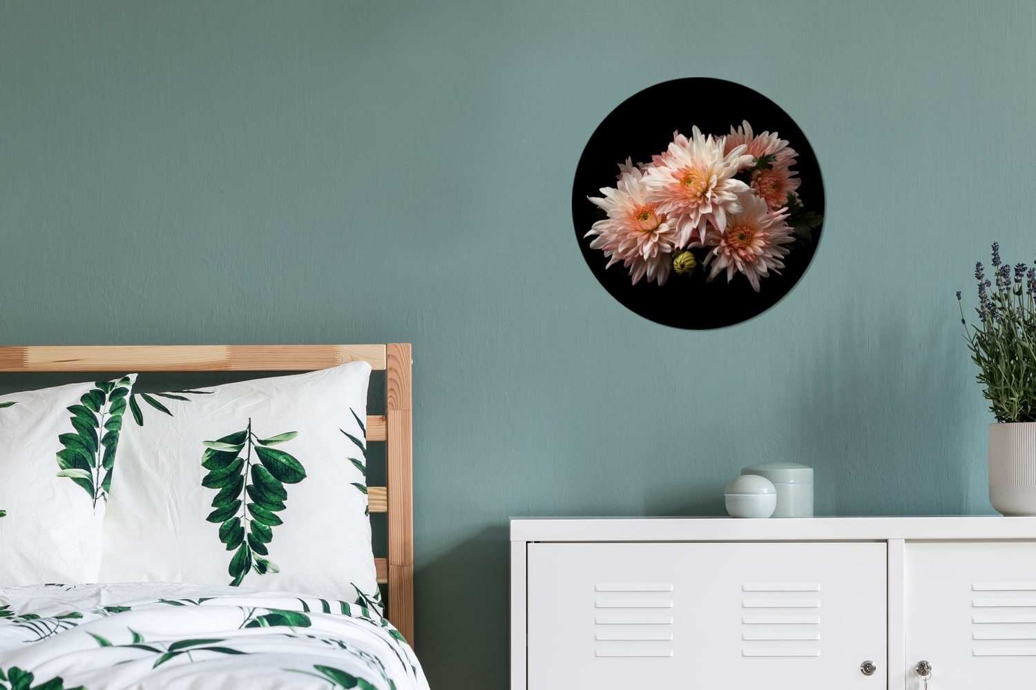 Wanddekoration Kreis Schwarz, - (1 Wohnzimmer, 30x30 St), Wandbild, Gemälde Rundes - - Chrysantheme - Blumen Weiß Natur MuchoWow cm Forex,