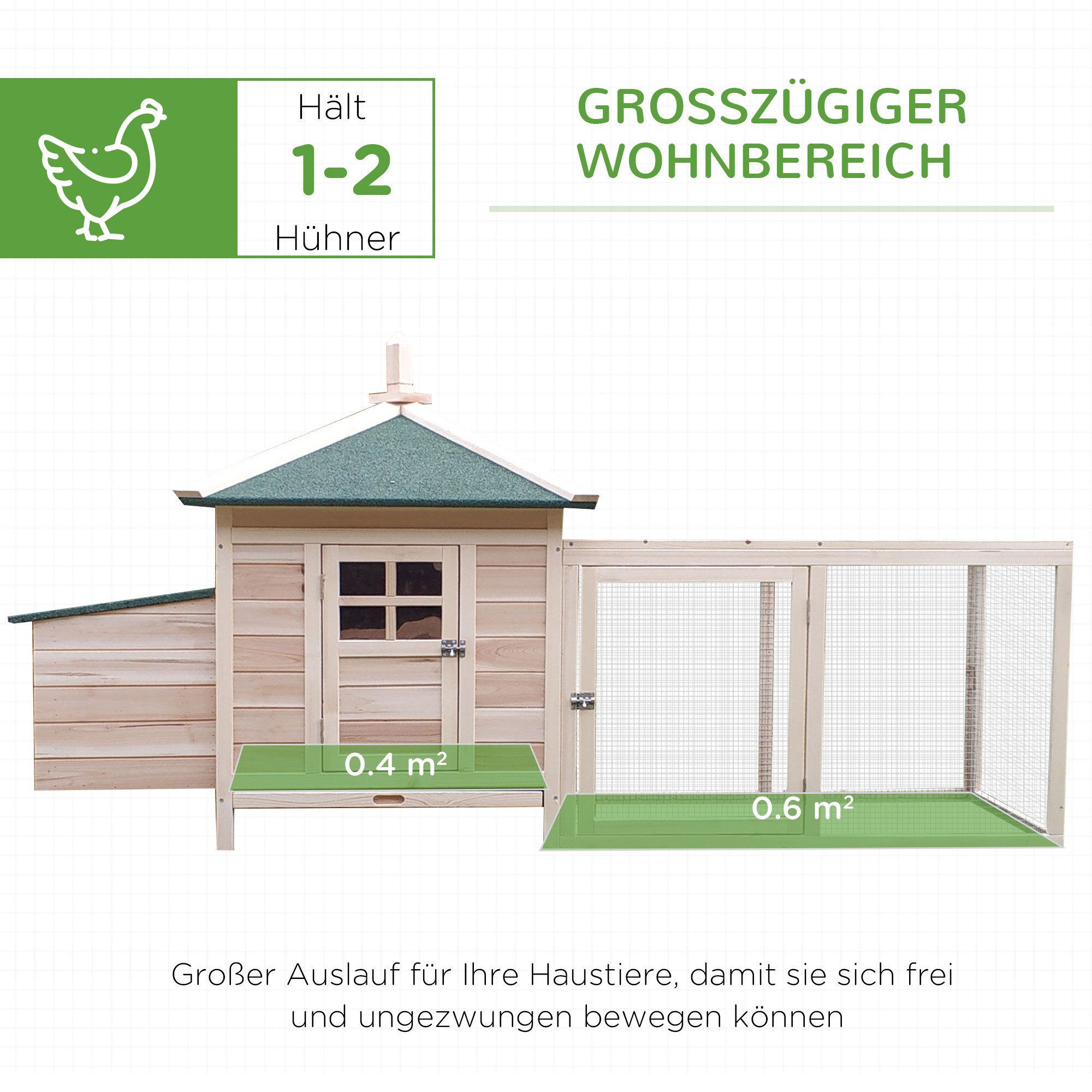 PawHut Hühnerstall Hühnerhaus mit Nistkasten, Kleintierstall aus Holz für 1-2 Hühner, für Außenbereich, Natur – Bild 4 von 5