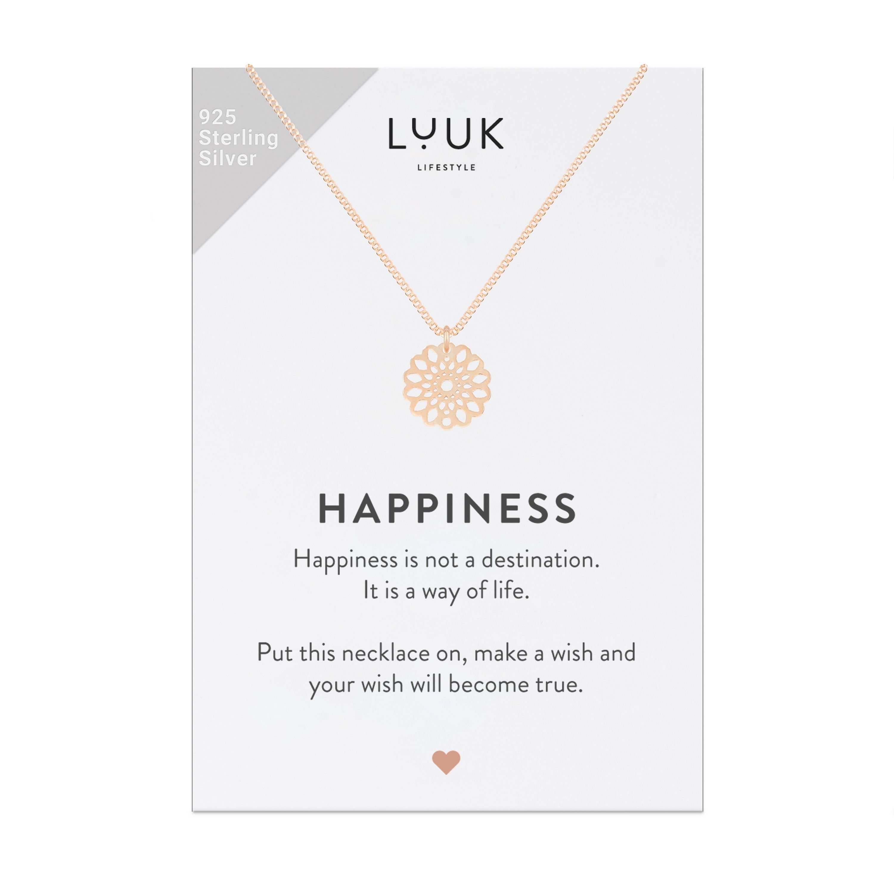 LUUK LIFESTYLE Silberkette Mandala, HAPPINESS Geschenkkarte, Mandala Muster, Zen Schmuck für Yoga, Entspannung, Freizeitmode, tägliches Tragen, verstellbare Kette, Rosé