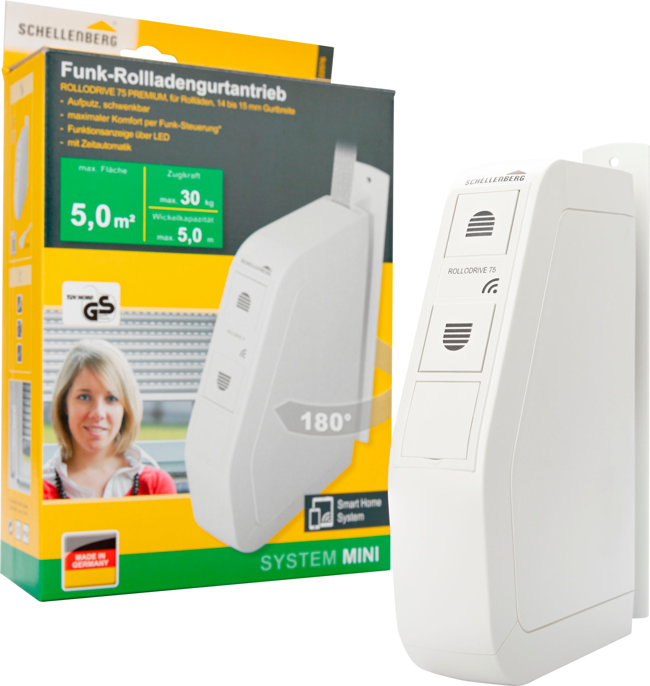 SCHELLENBERG Rollladengurt-Antrieb Unterputz, elektrischer Funk-Gurtwickler RolloDrive 75 Premium, bis 5 m² Fläche und 30 kg Zugkraft, Smart Home fähig, System Mini