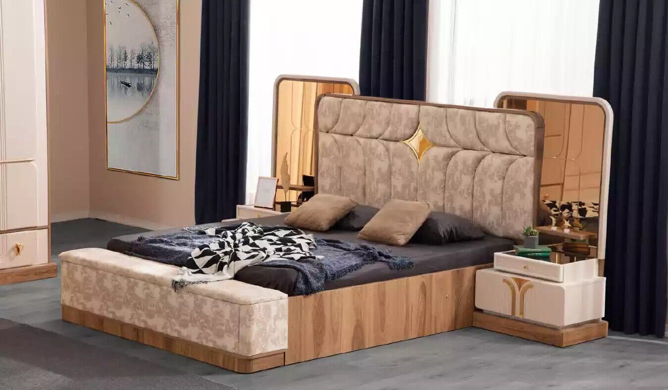 Europa Bett/Bank/2x in Stoff Doppelbett JVmoebel Luxus Komplette Set Made Bettrahmen, (7-St., Nachttische/Schminktisch/Bodenspiegel/Kommode), Schlafzimmer-Set Schlafzimmermöbel