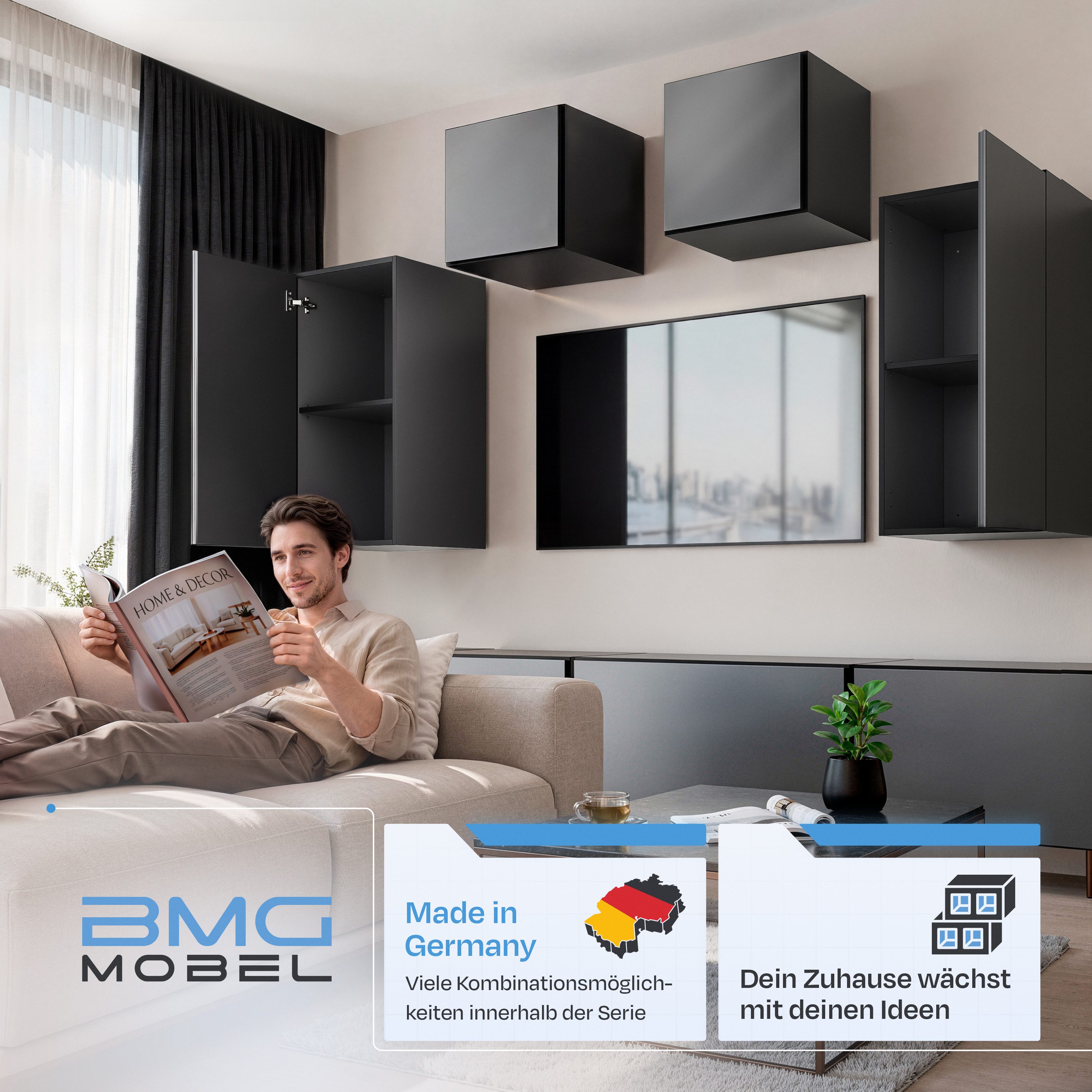 BMG Möbel Schranksystem Modul+ (Einzelschränke und Regale kombinierbar im Baukastenprinzip, wählbar aus Regal, Schrank mit Tür oder Schrank mit Klappe) mit oder ohne Fronten, griffloses Design, Made in Germany