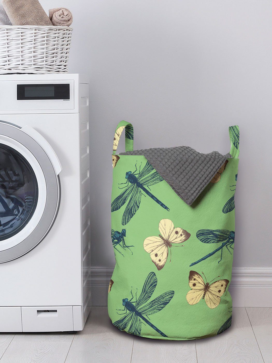 Wäschekorb Kordelzugverschluss Schmetterlinge Waschsalons, Abakuhaus mit Insekten Libelle für Griffen und Wäschesäckchen