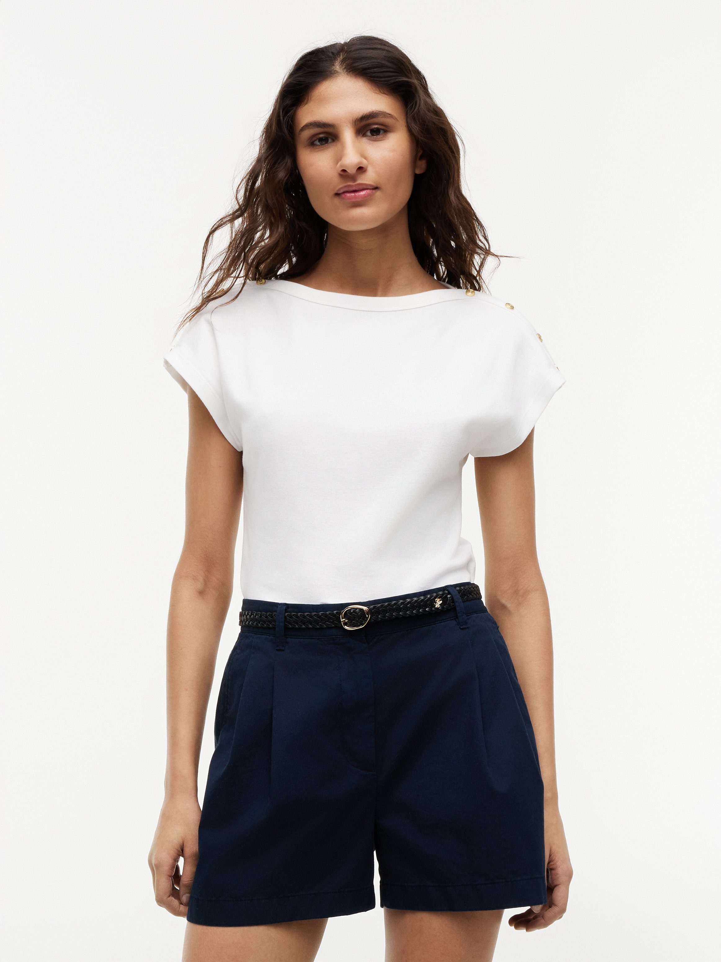Tommy Hilfiger Kurzarmshirt GOLD BTN CAP-SLV BOAT-NK TEE Baumwolle, mit goldfarbenen Knöpfen