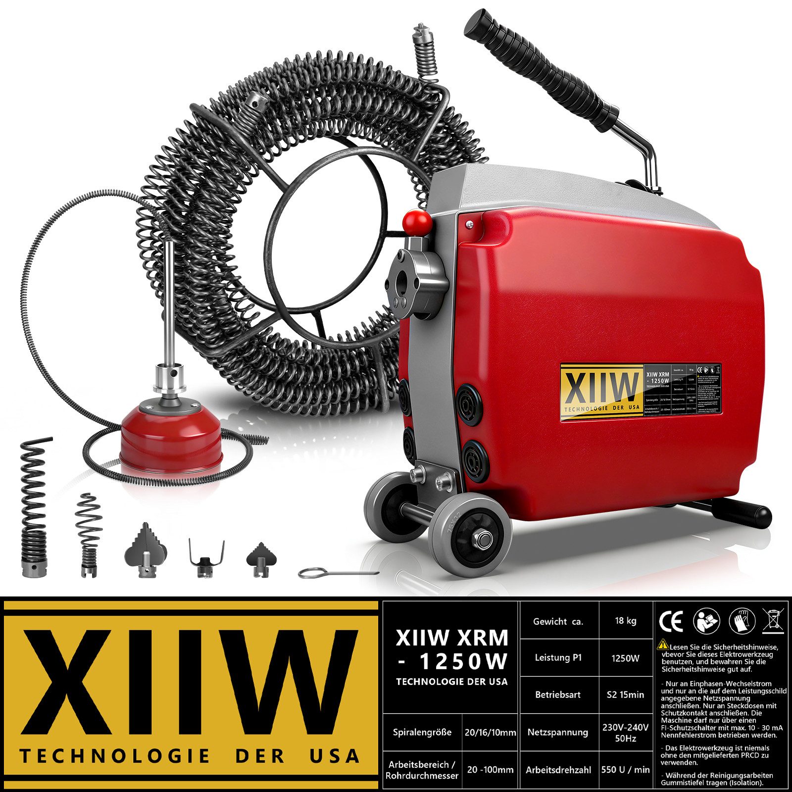 XERSEK Rohrreinigungsmaschine 1250W Rohrreinigungsspirale mit Rollen Abflussreiniger Rohrreiniger, 550 U/min, (Stark Rohrreinigungsgerät - Manganstahl Spirale, 5 Typen Schneidköpfe), Ergonomisches Design - Rohrreinigung/-entstopfung von Rohren Ø20–200mm