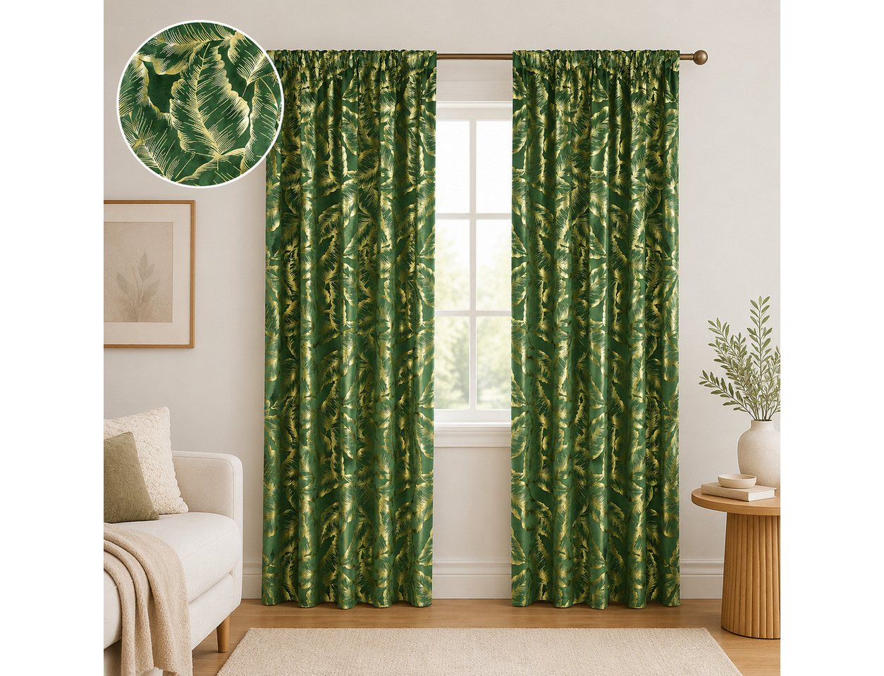 Lapamax Gardine Goldenem Blättermuster Blickdichte Vorhänge, Thermovorhang Hitzeschutz (2 St), Multifunktionsband, Polyester, 2er Set Verdunklungsvorhänge mit Bindebändern und Innenfutter