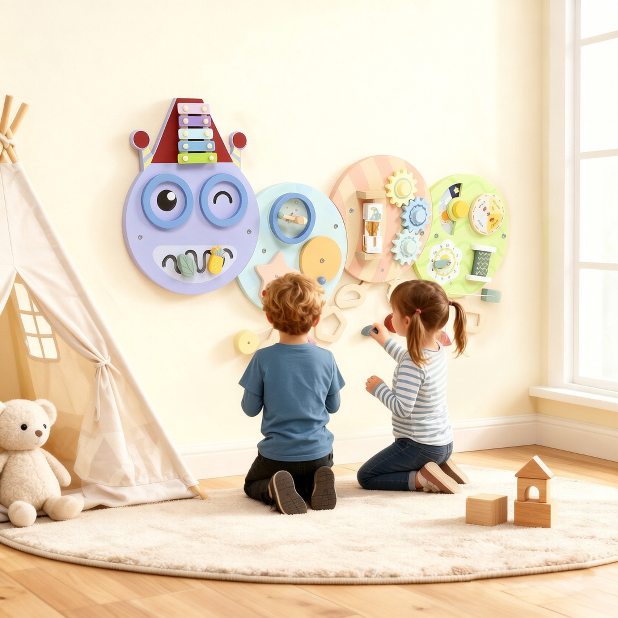 AIYAPLAY Lernspielzeug Busy Board Activity Board Lernaktivitätszentrum Geschenk ab 3 J. (Wandspielzeug, 1-St., Montessori Lernspielzeug), Raupen-Design, Mehrfarbig