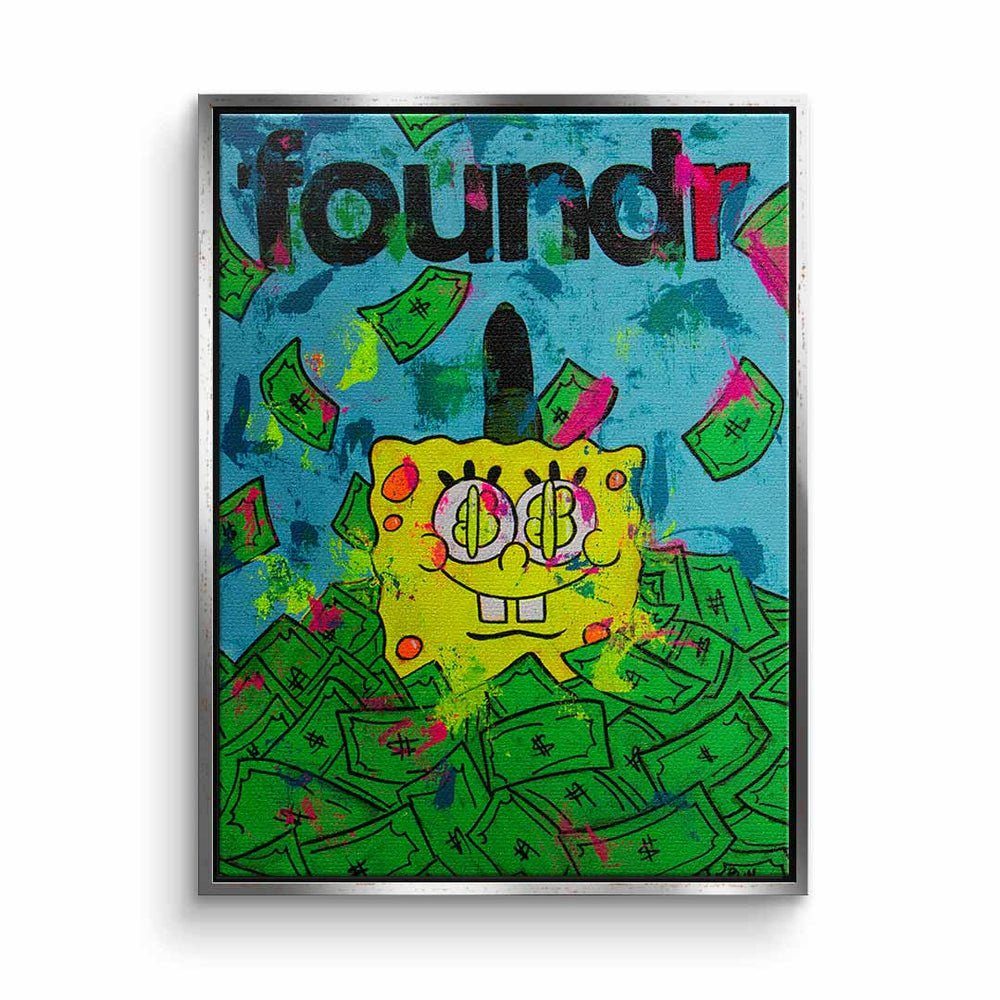 DOTCOMCANVAS® Leinwandbild, Leinwandbild premium Rahmen money goldener blau grün Geld mit Rahmen Spongebob