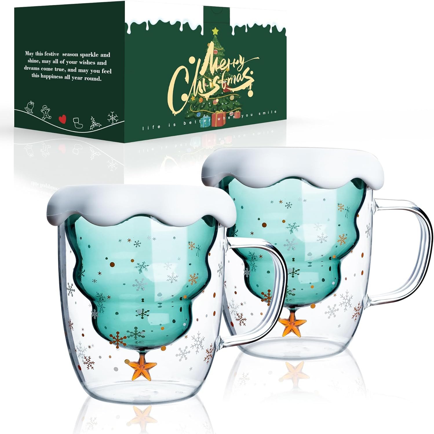 LIBWYS Thermotasse Weihnachtstassen 2er Set doppelwandige Gläser Espresso Latte Macchiato, Borosilikatglas, Doppelwandig, Hitzebeständig, Mikrowellengeeignet, Leicht, Transparent
