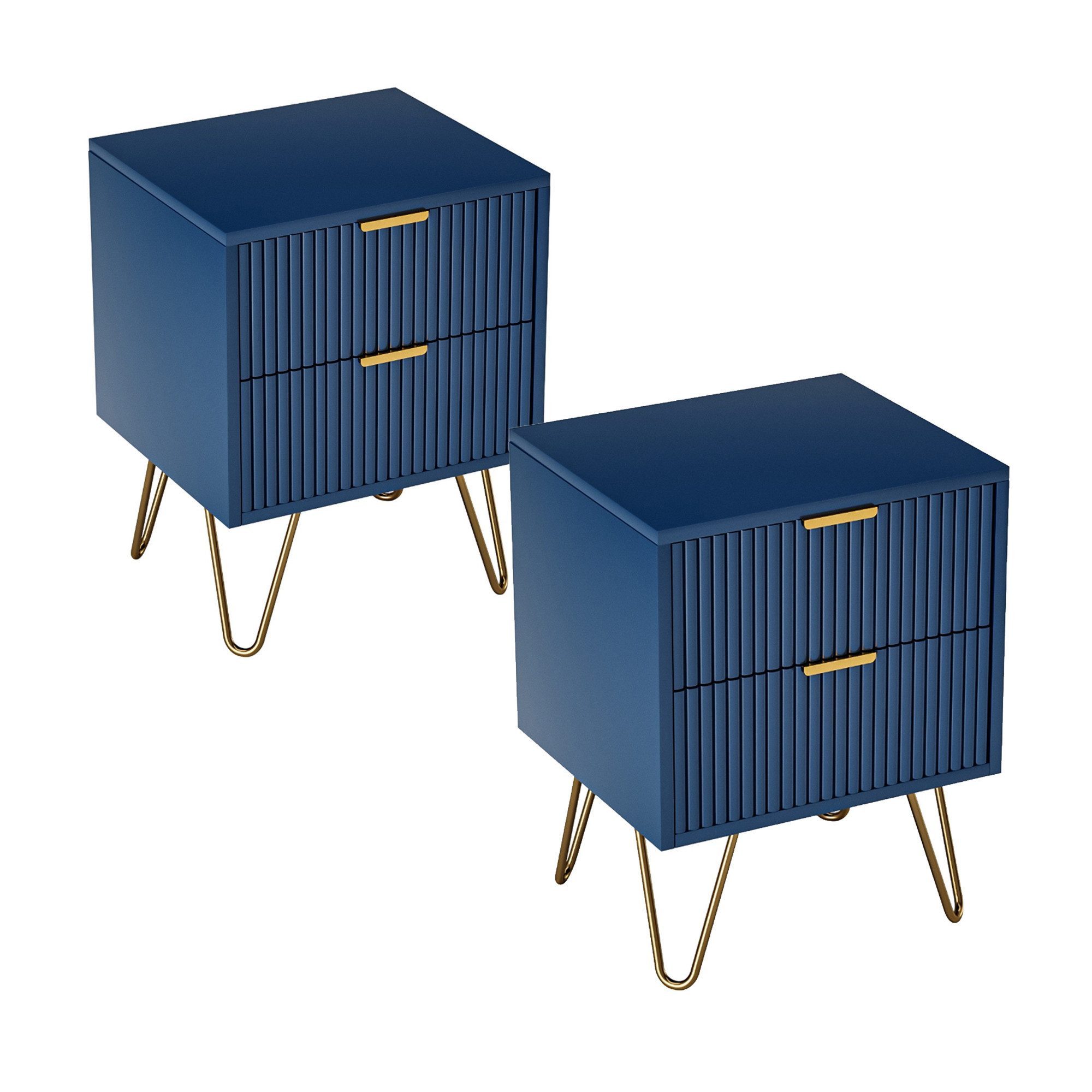 FUROKOY Nachttisch 2er set Nachtschrank mit Schubladen, Beistelltisch mit Metallbeine (Sofatisch Beistelltisch mit 2 Schubladen, Dunkelblau), Schubladenschrank für Schlafzimmer Flur Wohnzimmer, 40 x 35.5 x 50 cm
