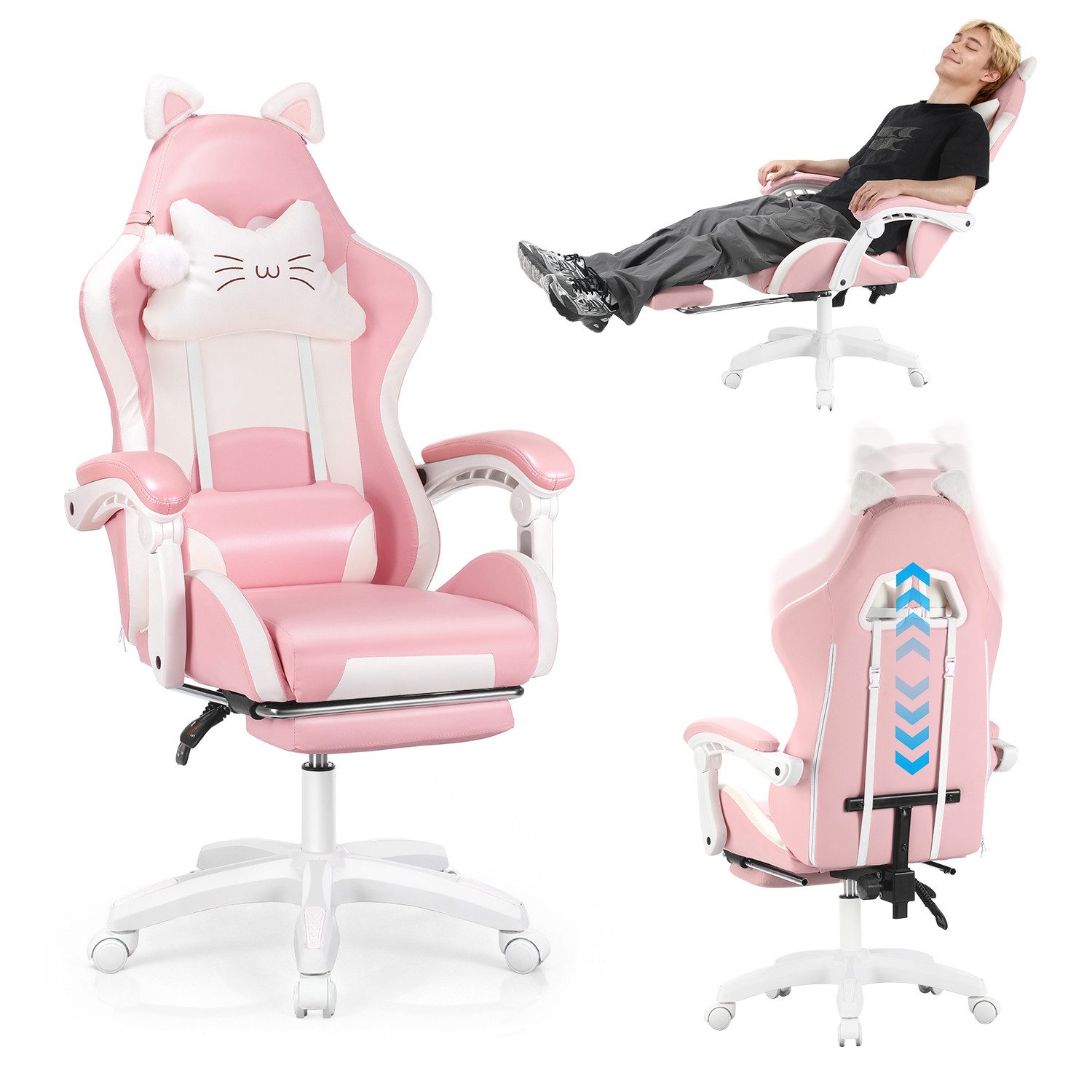 oyajia Gaming-Stuhl Bürostuhl Ergonomisch mit Kopfstütze und Katzenohren, PU-Leder (Gamer Stuhl, Racing Computerstuhl PC Stuhl mit Fußstütze Kopfstütze, 1 St), 115-125cm verstellbare Sitzhöhe, mit Lendenwirbelstütze