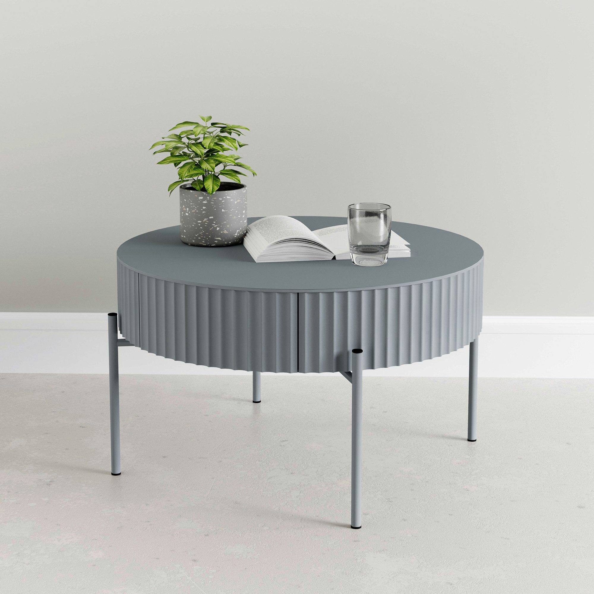 en.casa Couchtisch, »Rill« mit Schublade rund Metallbeine 36 x Ø60 cm Grau