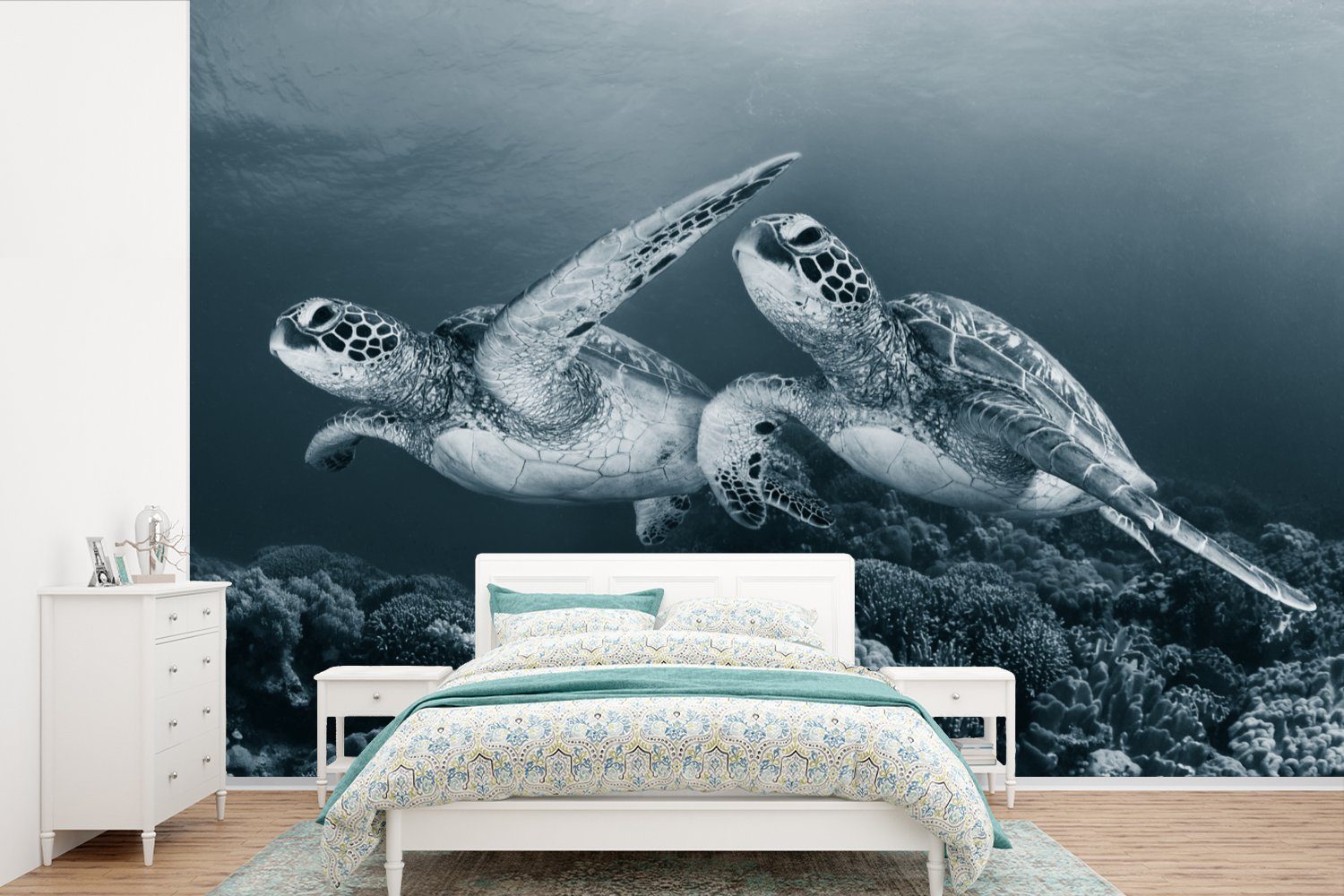 MuchoWow Fototapete Schildkröte weiß Wohnzimmer, Meerestiere für - und - St), bedruckt, Kinderzimmer, Wilde Schwarz Schlafzimmer, Matt, Tiere, - Tapete Vinyl (6 Wallpaper