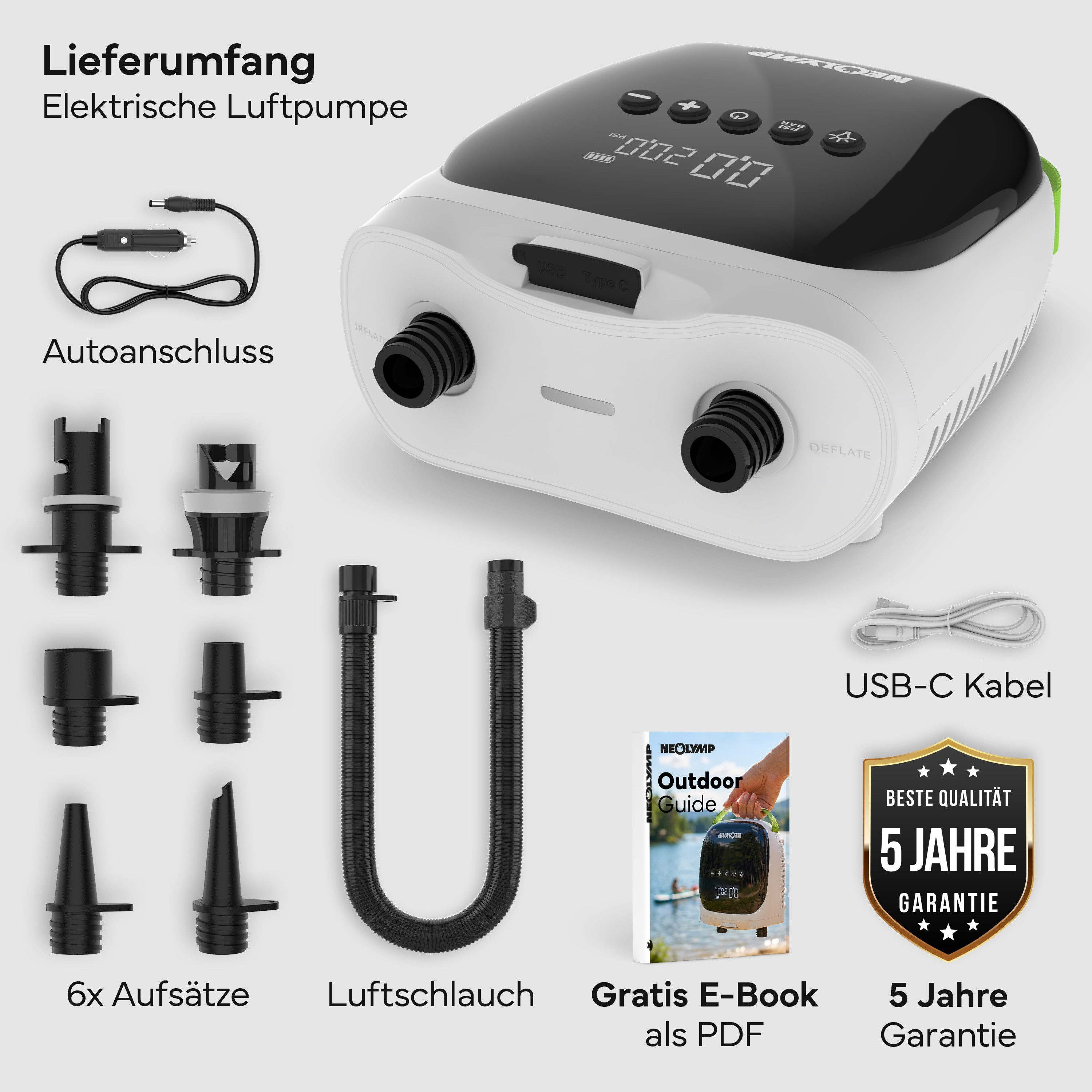 NEOLYMP Akku-Luftpumpe SUP Pumpe Elektrisch - Aufpumpen in Minuten statt mühsam von Hand (Elektrische Luftpumpe Kompressor für SUP Kajak Boot Zelt), 20 PSI, Auto-Stopp & LED-Display in PSI & BAR - 12V & USB-C Akku