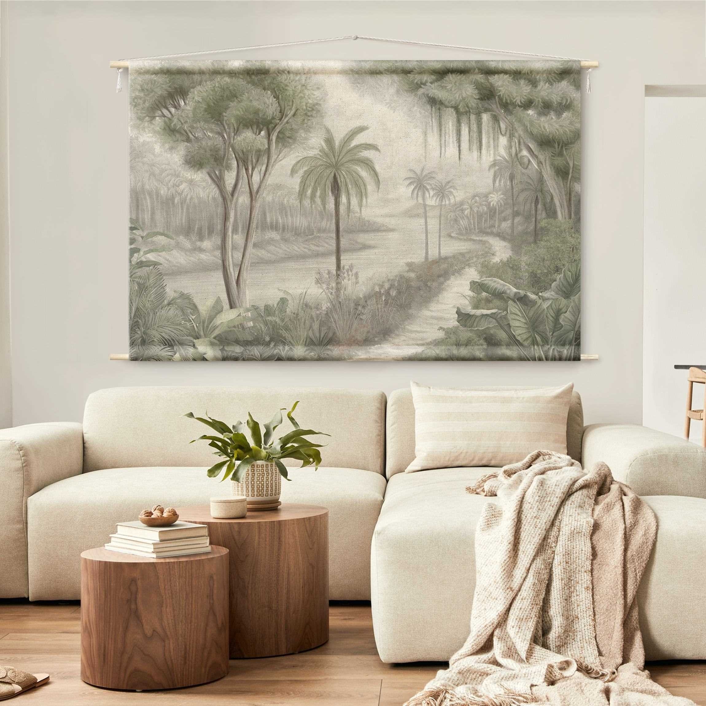 Bilderdepot24 Wandteppich modern Wald Tropisch Dschungel Natur Vintage grün, rechteckig, Höhe: 2.6 mm, großes Wandbild aus Natur-Baumwolle Wandbehang Stoffbild Tuch Wollseil