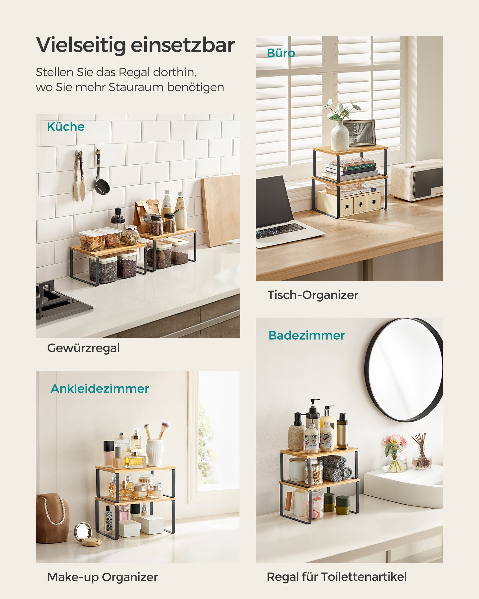 SONGMICS Gewürzregal Küchen-Organizer, Küchenregal, Schrank-Organizer Küche, kleines Regal, 2-tlg., erweiterbar, stapelbar, Metall und Holzwerkstoff – Bild 5 von 5