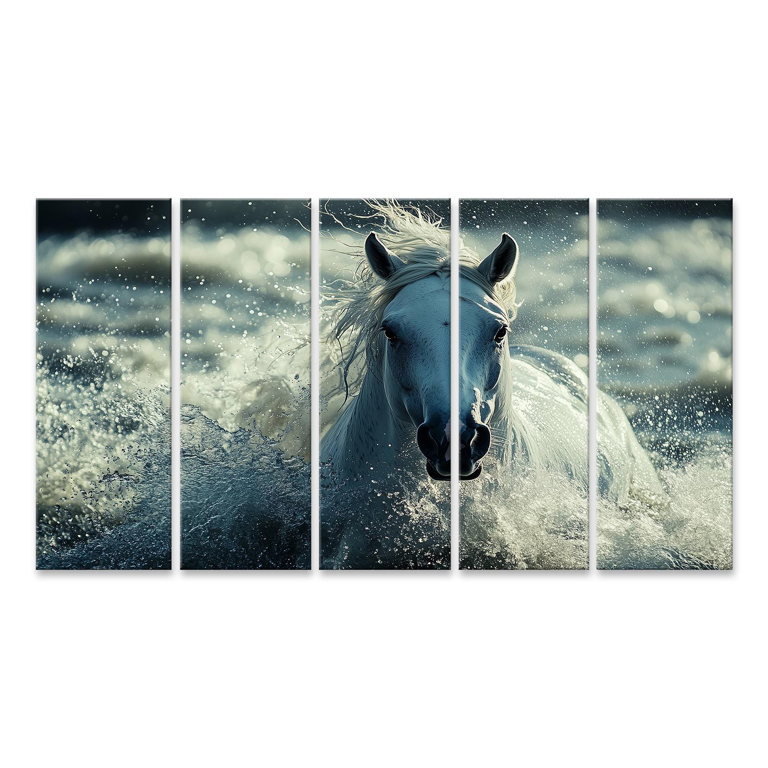 Leinwandbild Weißes Pferd im spritzenden Wasser