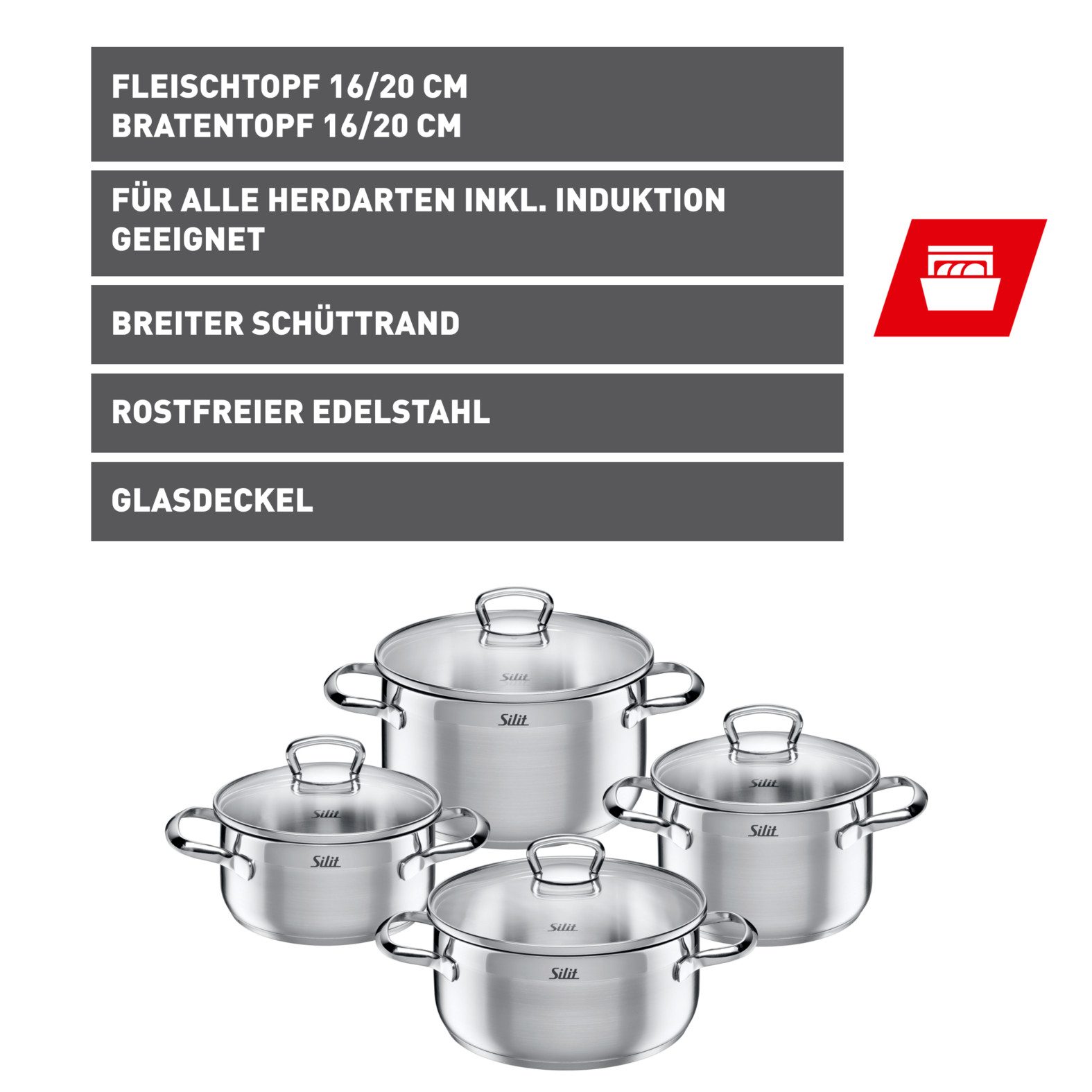 Silit Topf-Set Toskana Induktion, Kochtopf Set mit Glasdeckel, teilmattiert, Edelstahl 18/10 (Set, 8-tlg., je 1 Bratentopf Ø 16/20 cm, je 1 Fleischtopf Ø 16/20 cm), Induktions Töpfe Set, für alle Herdarten geeignet, ohne Skalierung