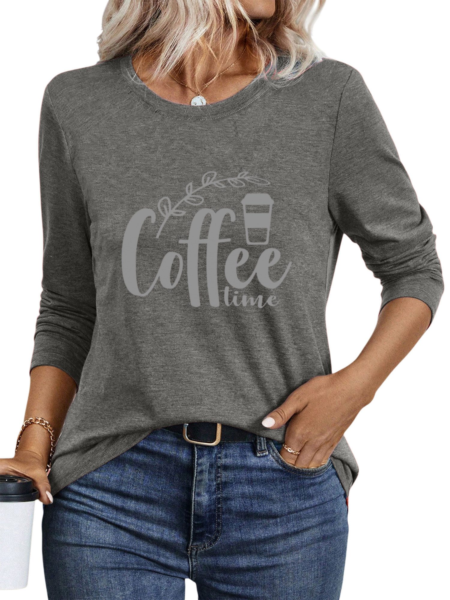 PYLIKE Longsleeve Damen Rundhalsausschnitt Longsleeve mit Coffee Print-Shirt Geeignet für den täglichen Gebrauch im Büro und zu Hause