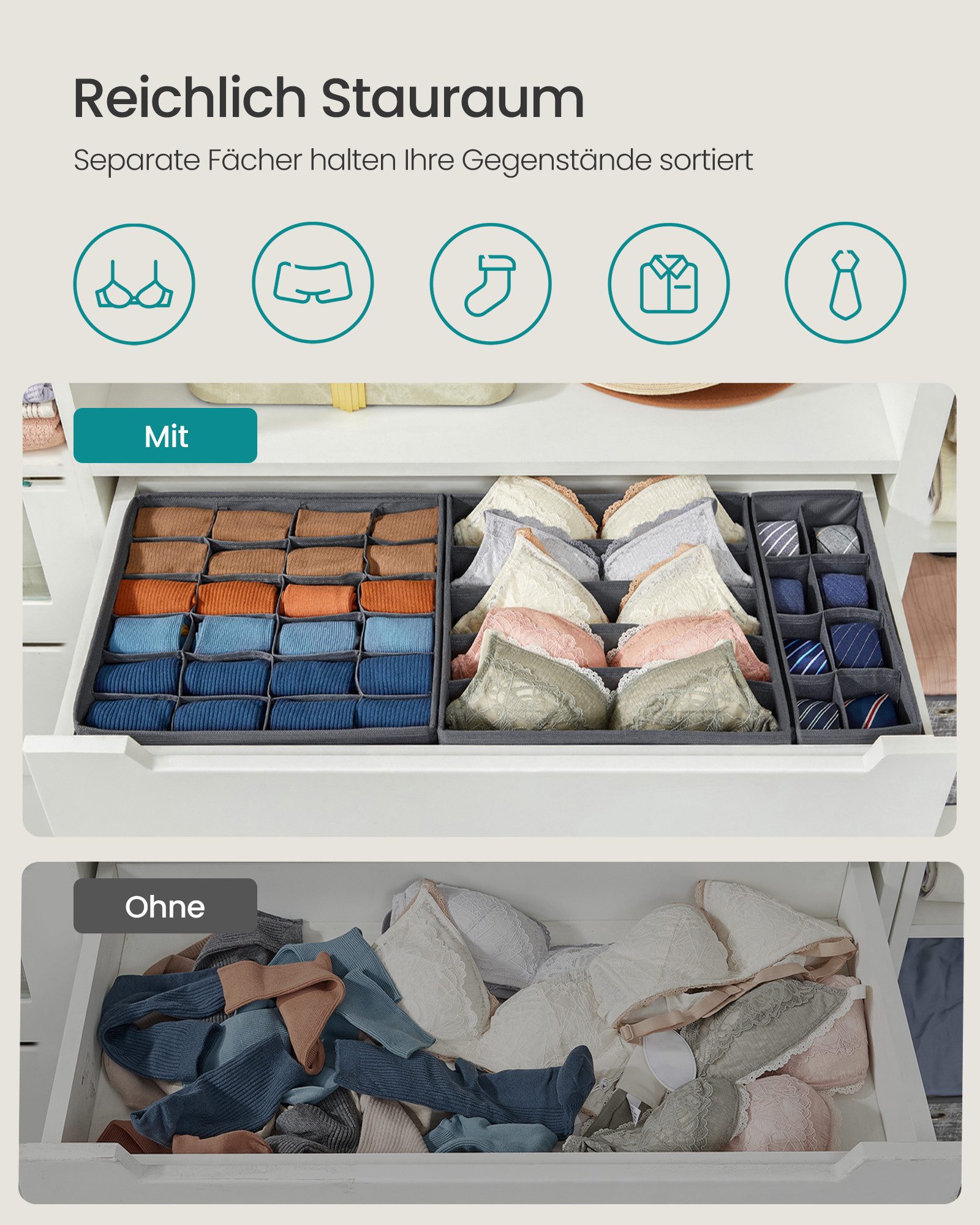 SONGMICS Aufbewahrungsbox Unterwäsche-Organizer, faltbar, Stoffboxen, für BHs Socken Krawatten (8 St), 8 Stück, Ordnungssystem Kleiderschrank, Aufbewahrungsbox Schrank