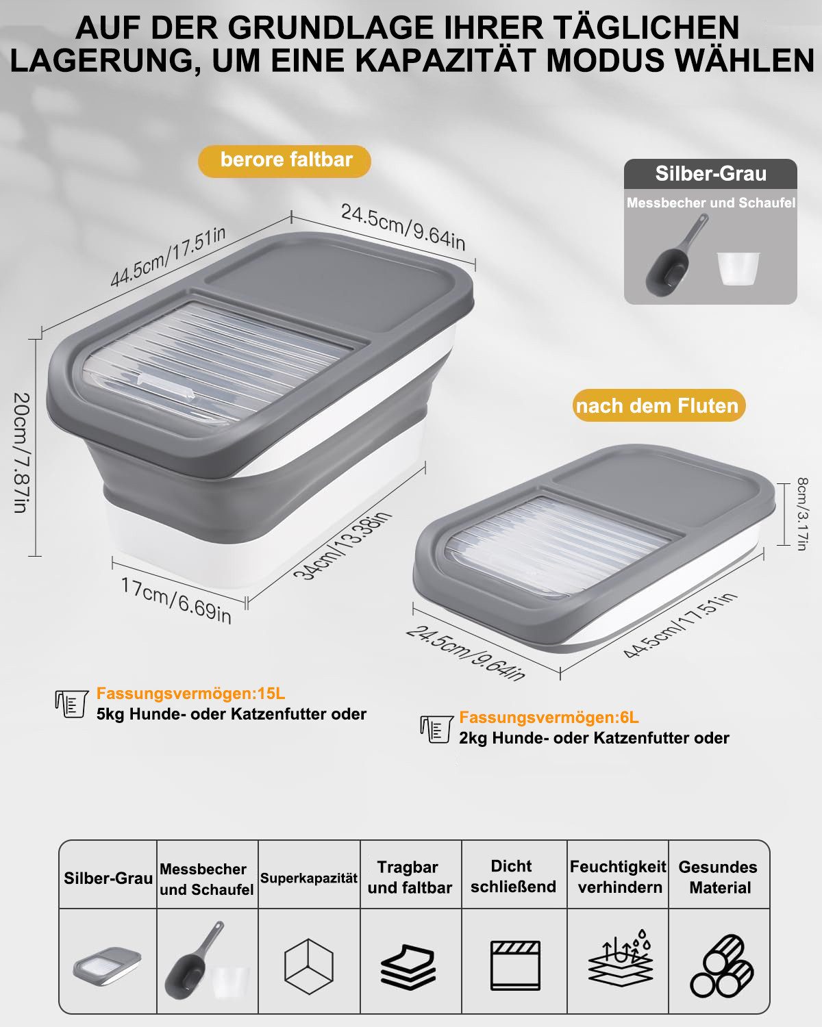 SinLaw Futterbehälter Hundefutter-Aufbewahrung, 5kg Fassungsvermögen Tierfutterbehälter, (1-tlg), Faltbare Futterbox mit Deckel und Messbecher, Löffel und Messbecher