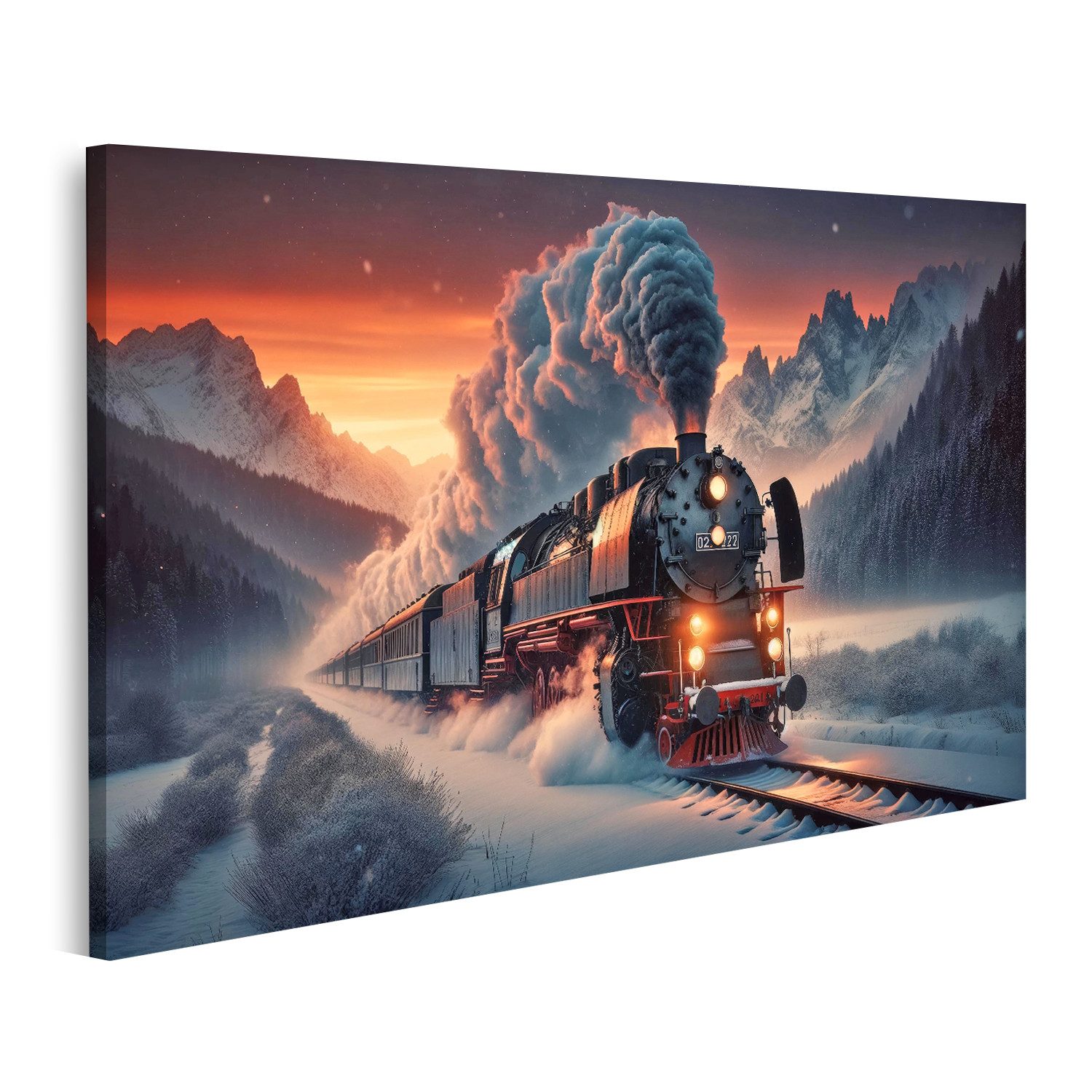 Leinwandbild Alte Dampflok im Schnee für Eisenbahn Fans