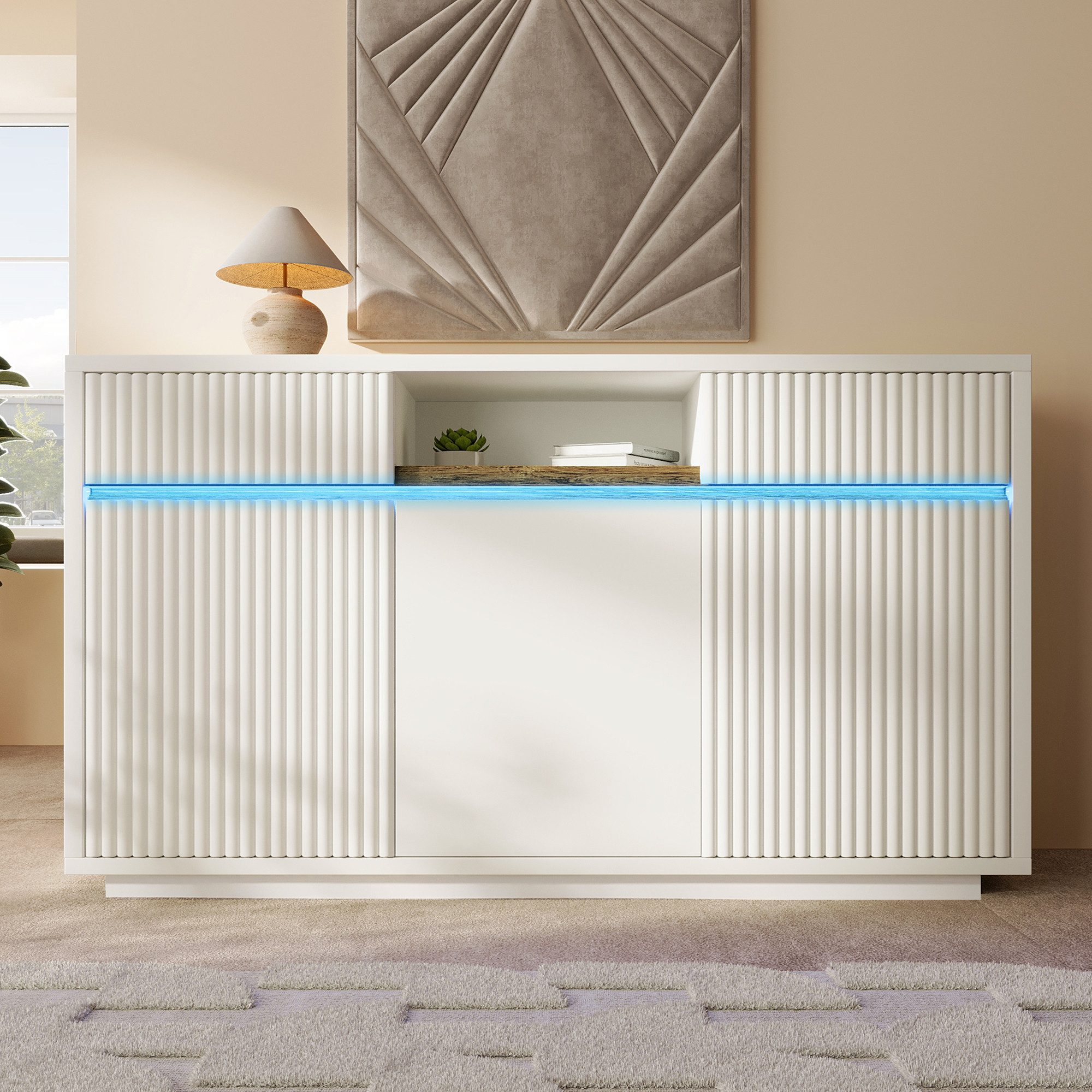 Flieks Kommode mit LED-Beleuchtung, 2 Schubladen und verstellbaren Einlegeböden (140x40x85 cm, 1 St., für Wohnzimmer/Arbeitszimmer/Flur/Schlafzimmer), Multifunktionaler Mehrzweckschrank Sideboard Küchenschrank Weiß