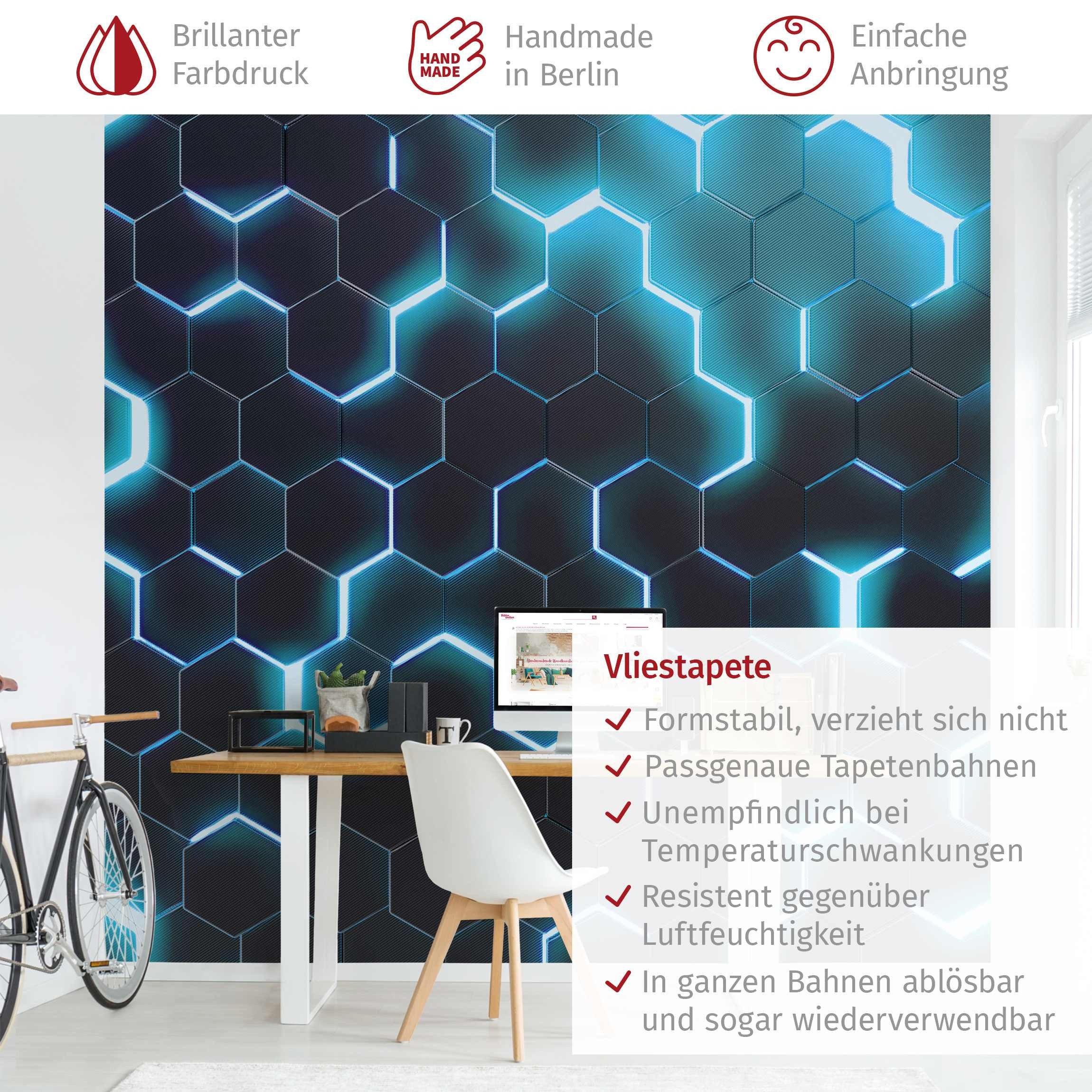 Bilderdepot24 Mustertapete Hexagone Neonlicht Türkis 3D-Optik Muster Neon Art Gaming schwarz, Glatt, Matt, (Vliestapete inkl. Kleister oder selbstklebend), Juge – Bild 3 von 5