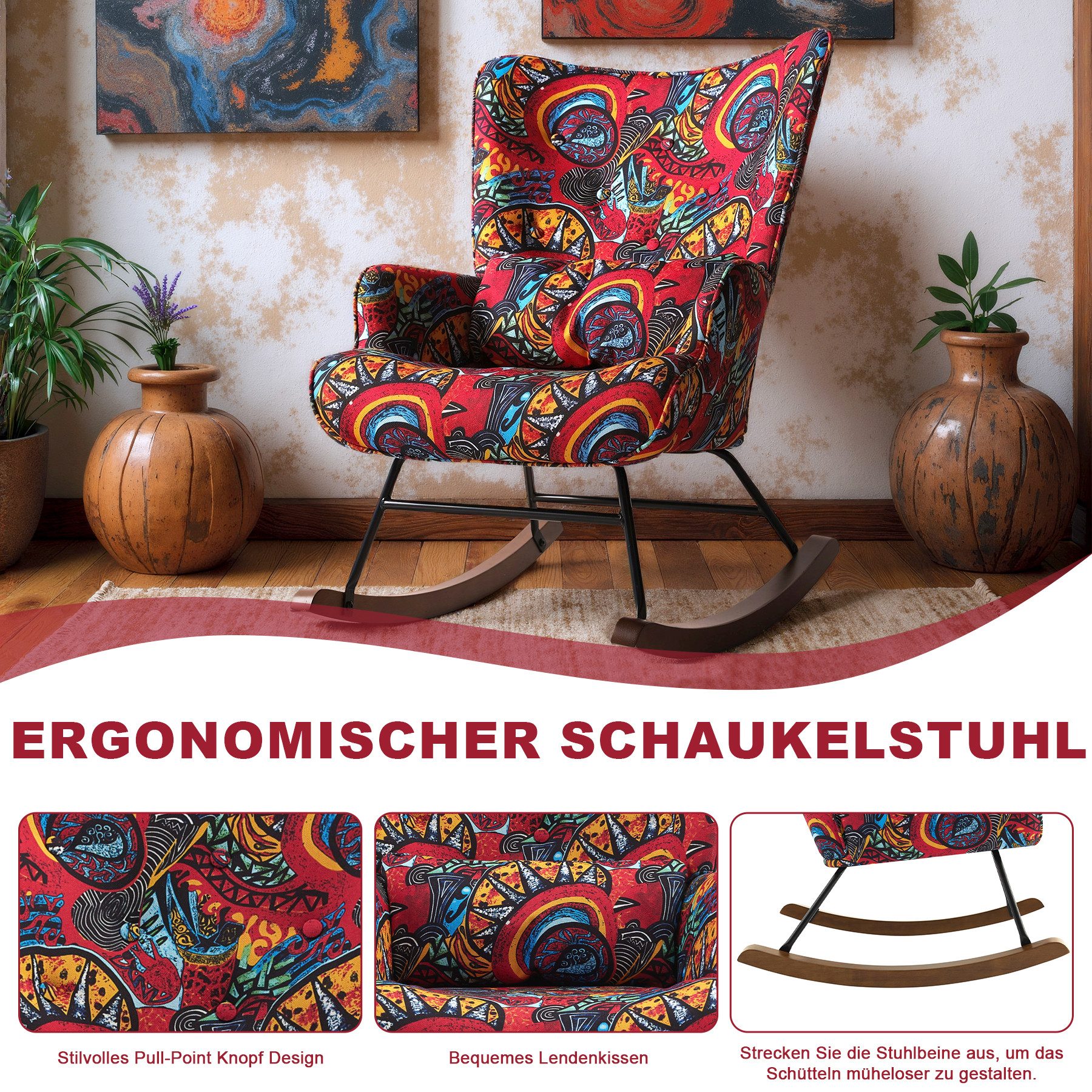HomeMiYN Schaukelstuhl HOMEMiYN Schaukelstuhl Wohnzimmer mit Metallgestell und Holzsockel, Aus holz
