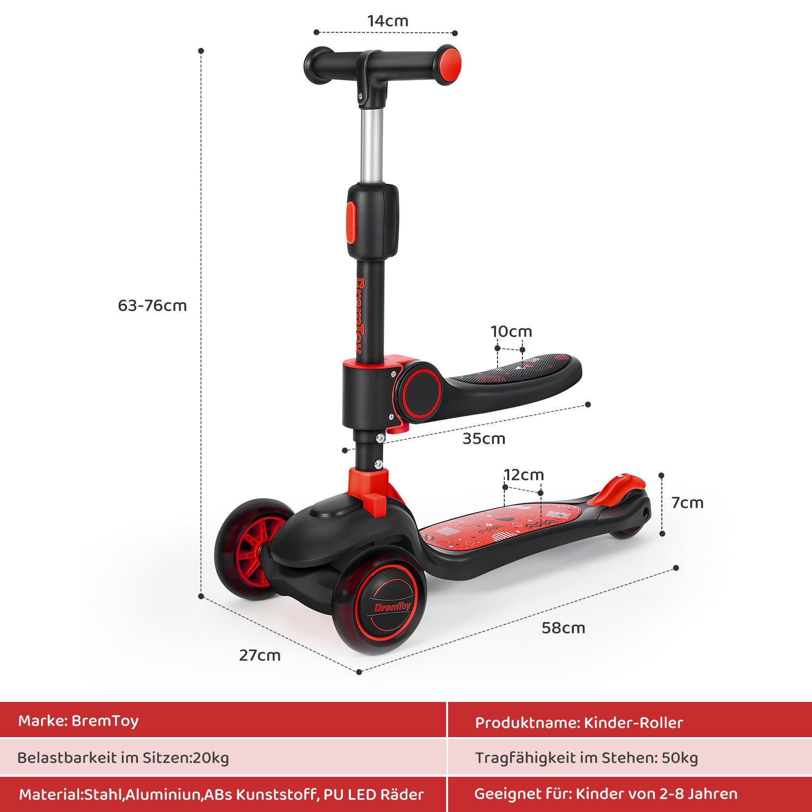 BremToy Dreiradscooter Kinderroller Tretroller Faltbar Scooter 1-8 Jahren