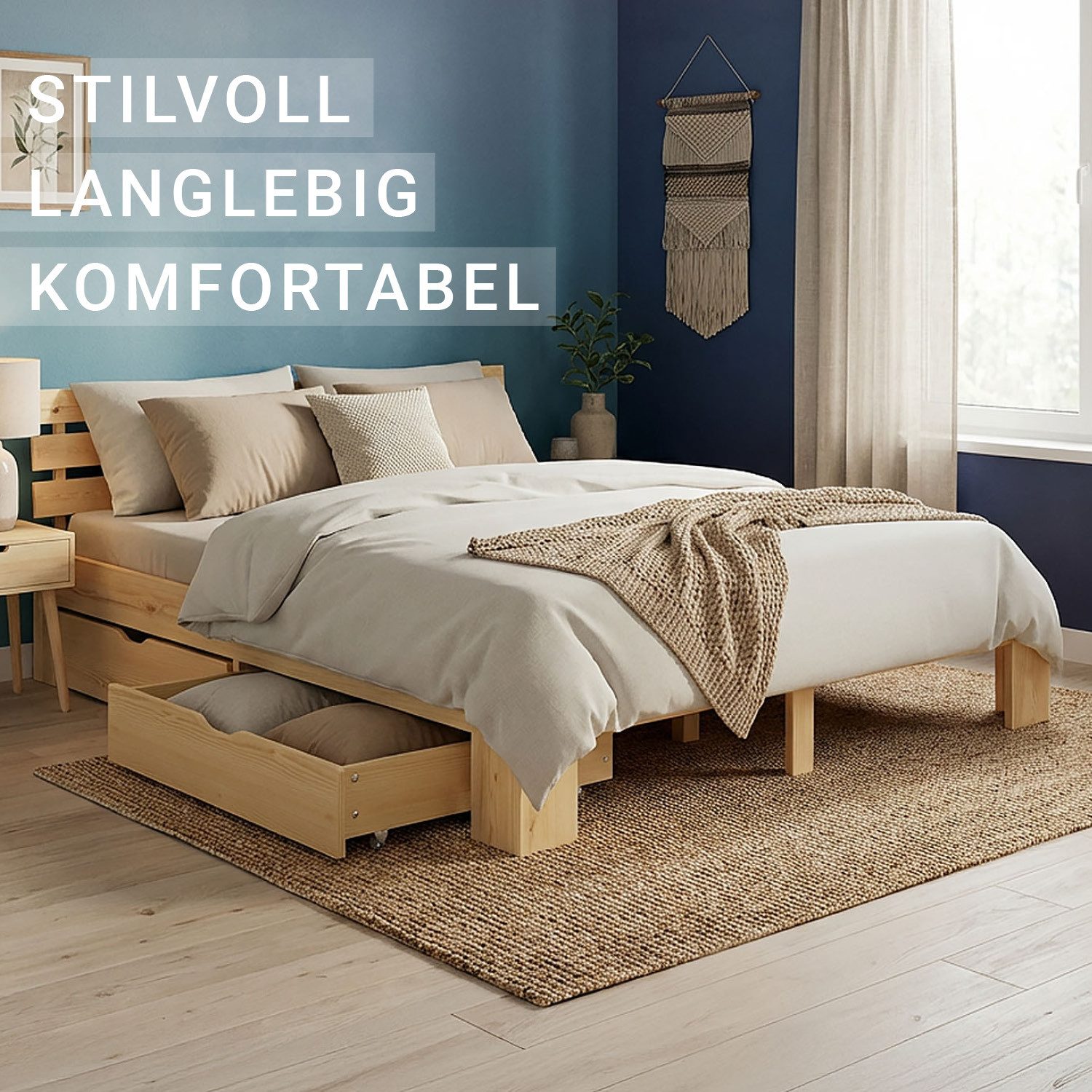 Homestyle4u Holzbett 90x200 140x200 160x200 180x200 mit / ohne Matratze Bettkasten (Spar-Set, mit Lattenrost und 2 Bettkästen, Stauraumbett), 140x200, Kiefer, mit Stauraum, klar lackiert, schlicht