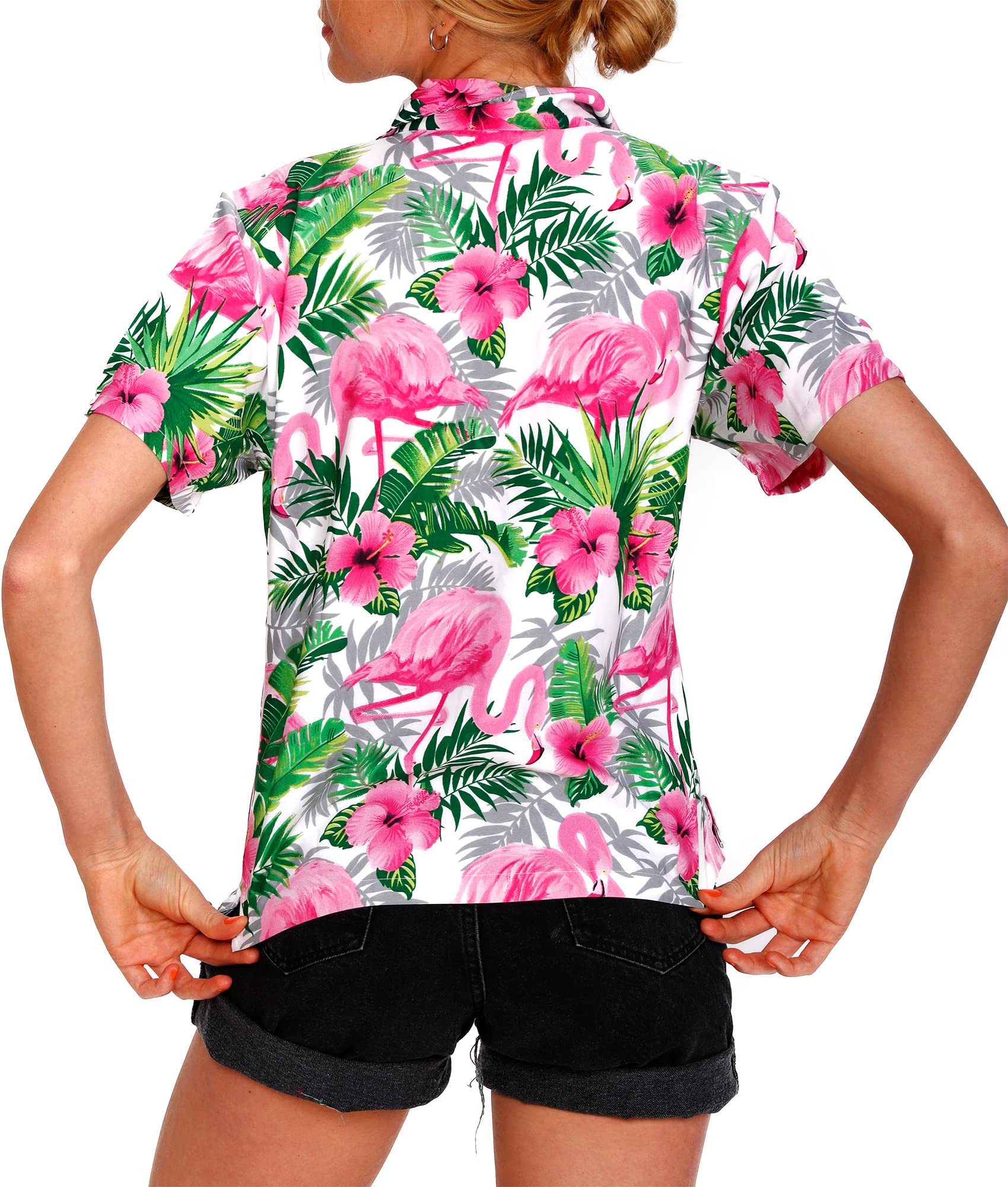King Kameha Hawaiihemd Flamingo Flowers Funky Hawaiibluse Damen Kurzarm Front-Tasche Stylish