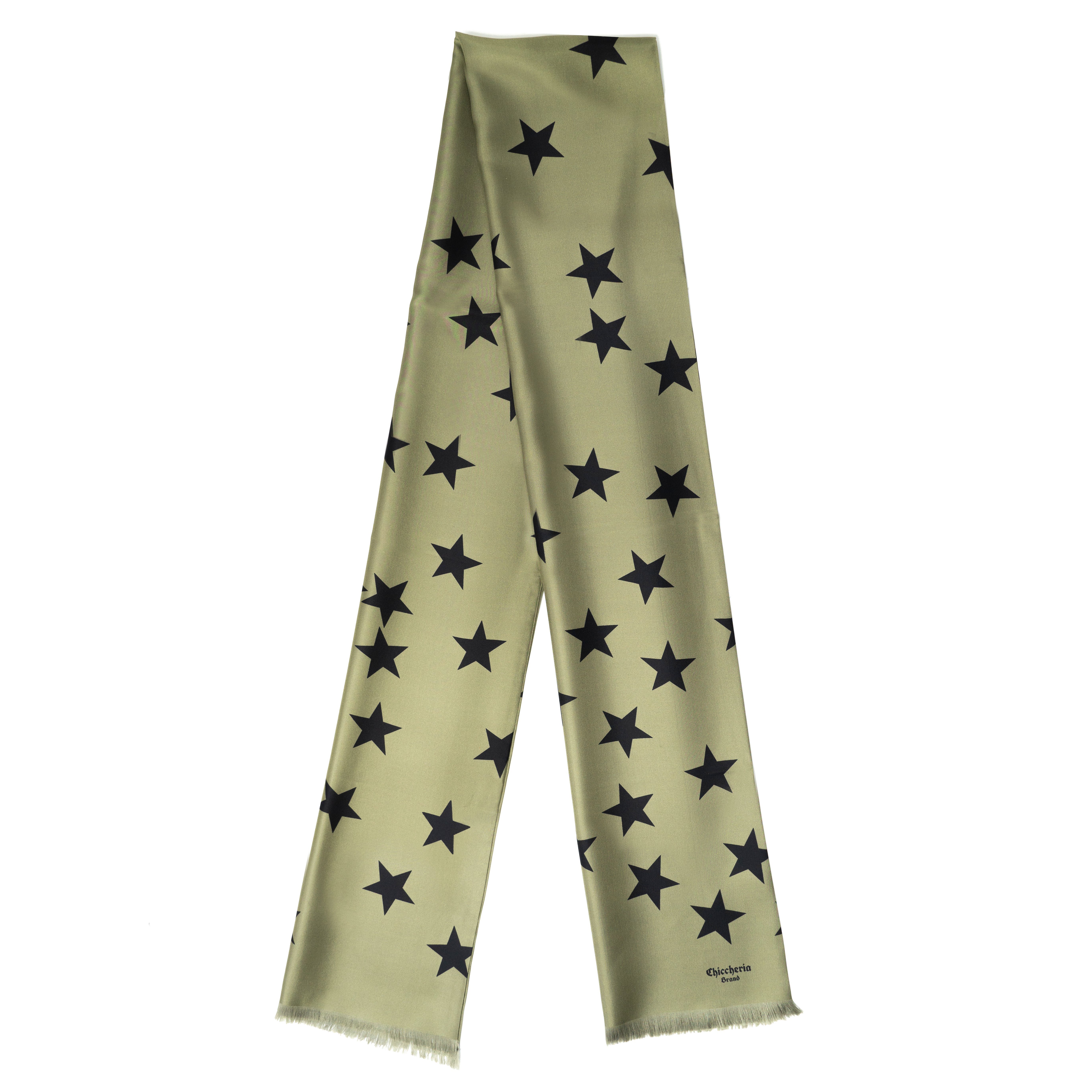 Italy Chiccheria in Seidenschal STARS, Made Oliv-Schwarz Brand