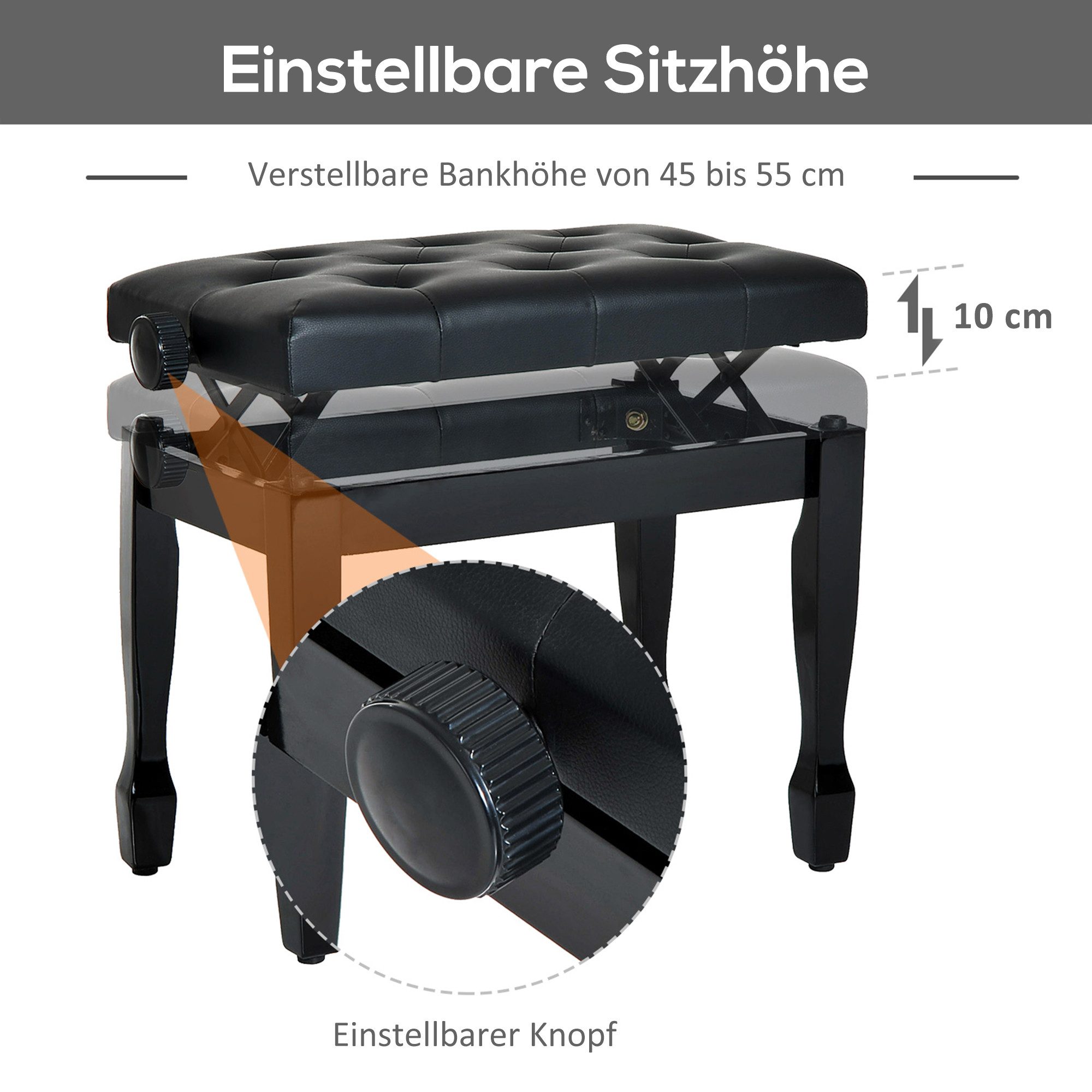 HOMCOM Klavierbank Klavier Höhenverstellbar Pianobank mit Kissen Keyboard für Piano (Hocker, 1-St., Kosmetikhocker), Massivholz Kunstleder Schwarz 64 x 35 x -55 – Bild 4 von 5
