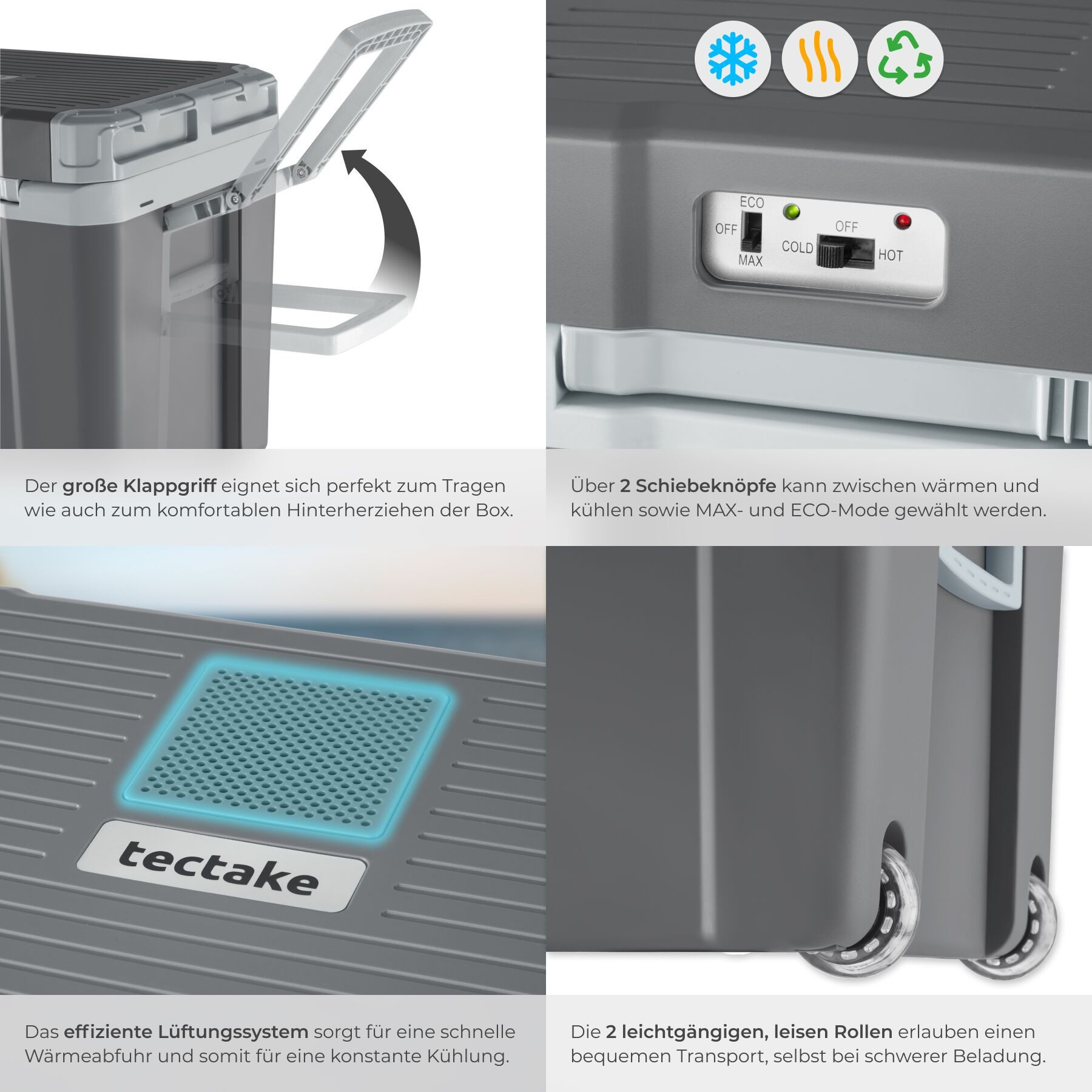 tectake Kühlbox Elektrische Kühl- und Wärmebox, leicht und leise, mit ECO-Modus, 35 l, mit Rollen, klappbare Tragegriffe, Steckdosen- und Autoanschluss – Bild 5 von 5