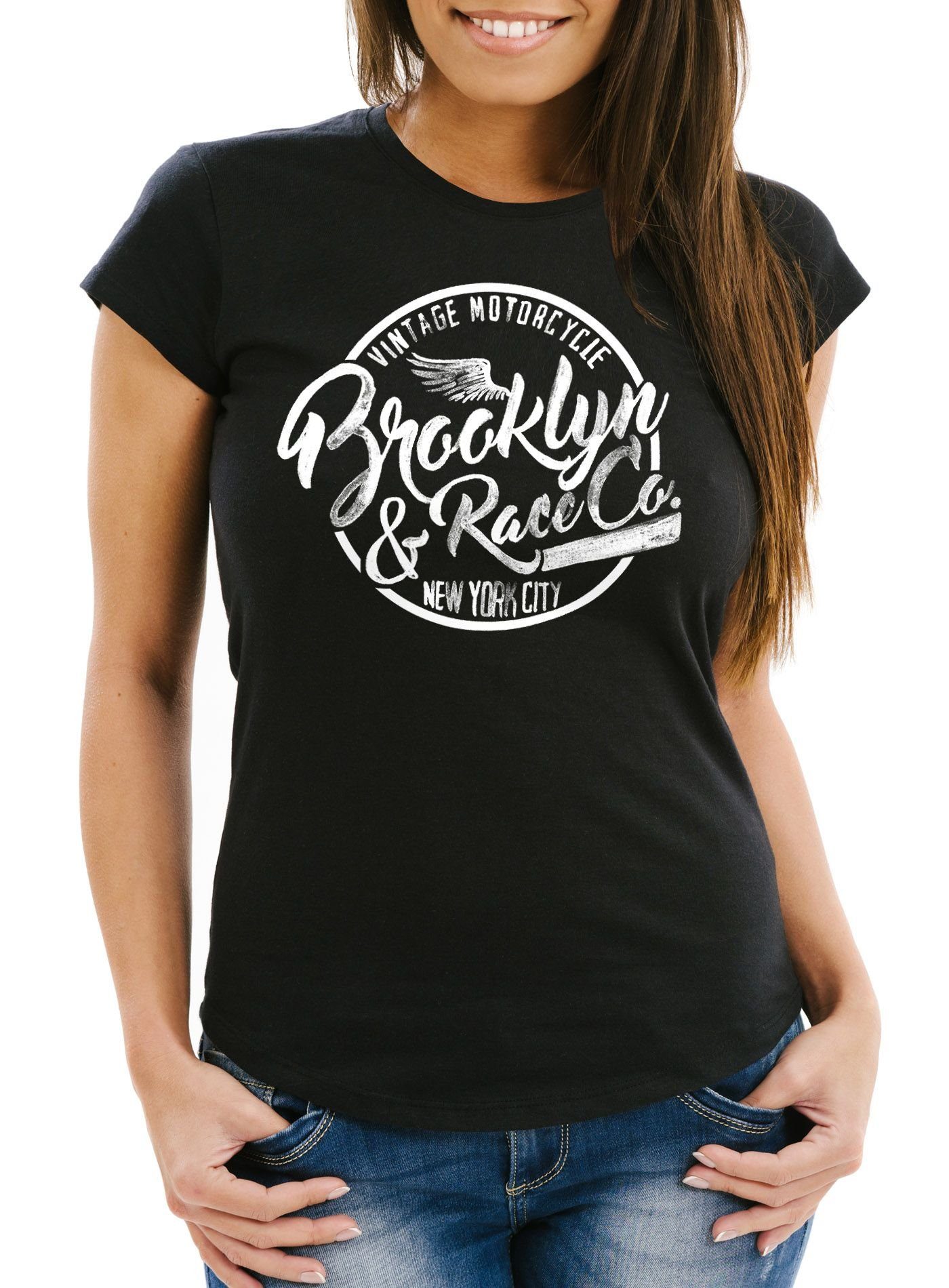 Neverless Print-Shirt Damen T-Shirt Brooklyn Race Motorcycle Vintage Watercolor Slim Fit Neverless® mit Print schwarz