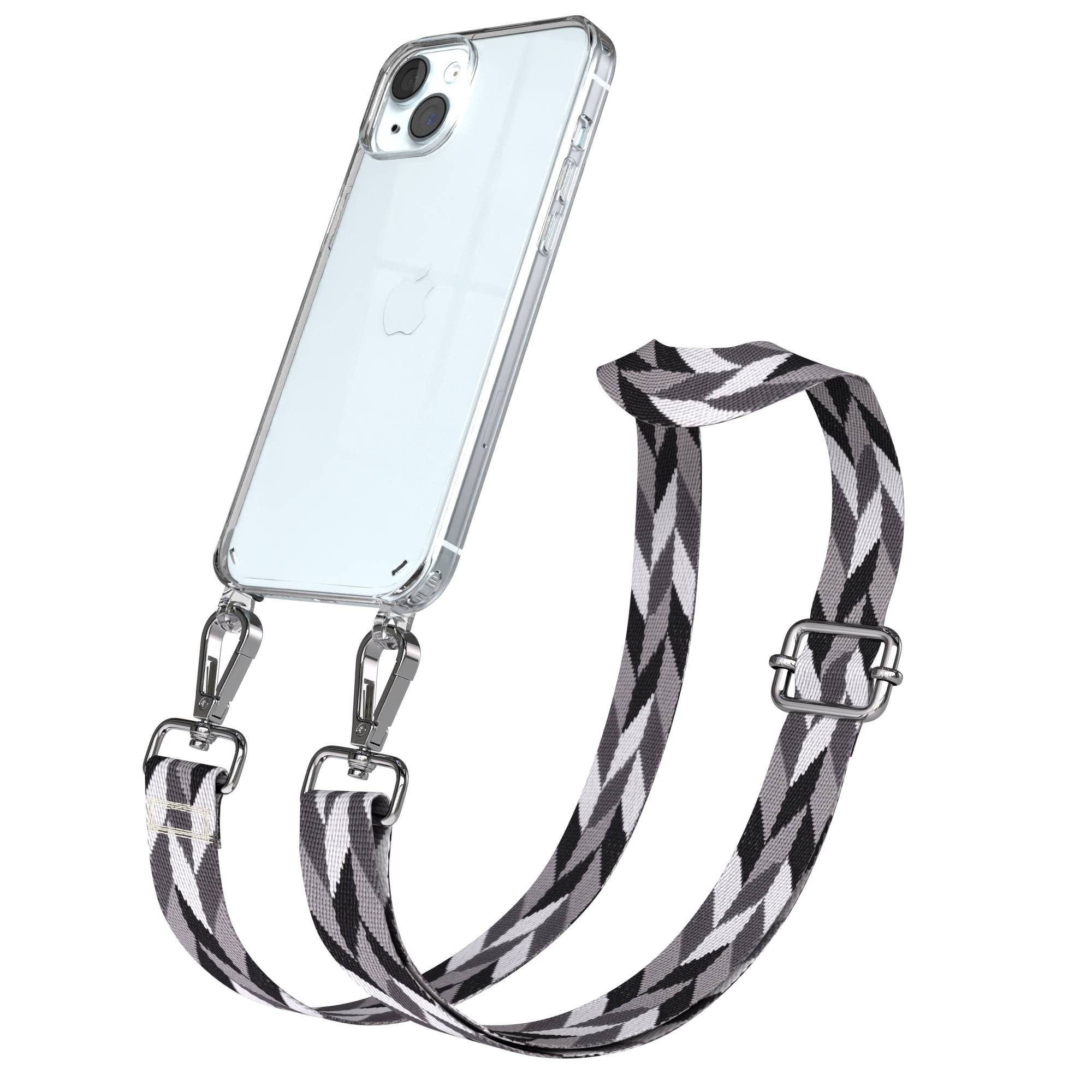 EAZY CASE Handykette Umhängeband für Apple iPhone 15 Plus 6,7 Zoll, Handyhülle Band Crossbody Grau-Schwarz Mix