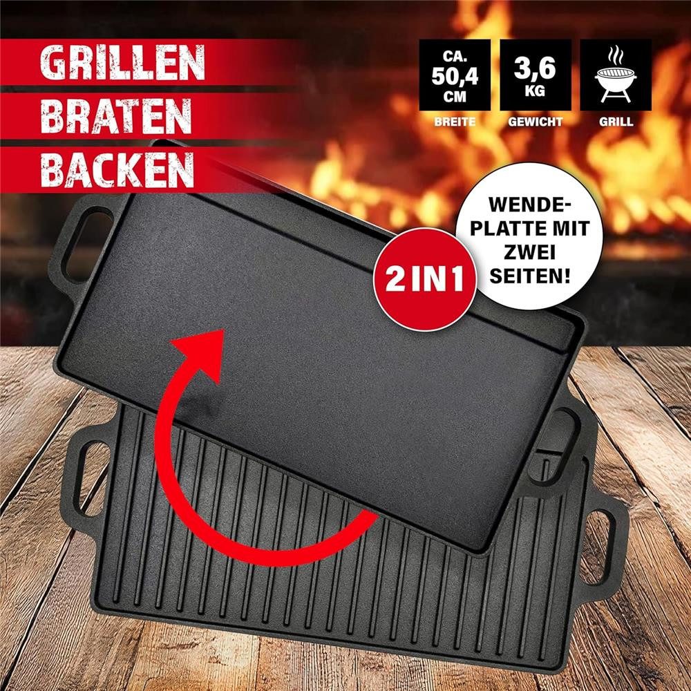 BBQ Boss Grillplatte "Kentucky" eckig 2 in 1 Gusseisern Gussplatte, 2-in-1 Wendeplatte mit geriffelter und glatter Seite