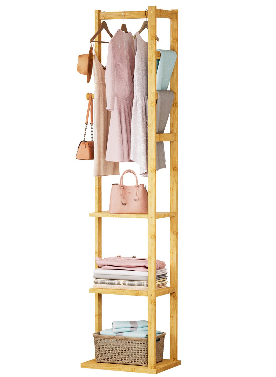 Yorbay Kleiderständer Garderobenständer aus Bambus Garderobe mit Kleiderstange, 3 Ablagen,2 Haken für Kleidung, Hüte, Taschen, Flur