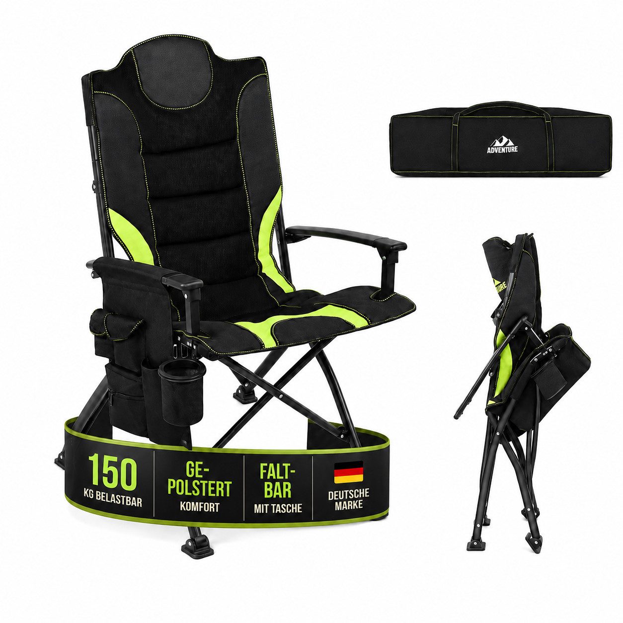 Onbest Campingstuhl faltbar bis 150kg inklusive Tragetasche, Gepolstert, Getränkehalter, Rückentasche