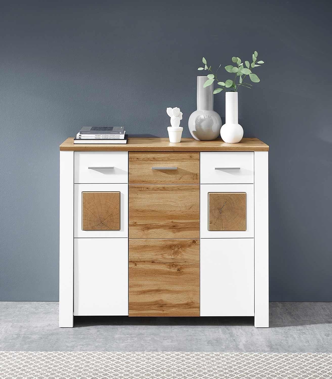 Vito Kommode MATERIO, B 122 x H 105 cm, Weiß matt, Eiche Altholz Dekor, 3 Türen