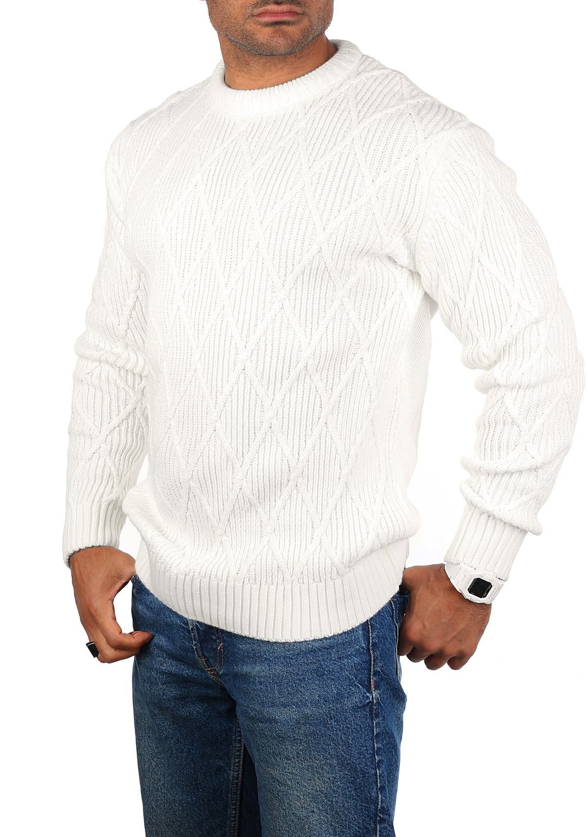 CARISMA Strickpullover Herren mit Rauten Karo retro Strickmuster Uni Rundha günstig online kaufen