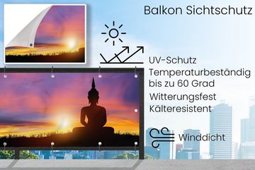MuchoWow Balkonsichtschutz Sonnenuntergang - Horizont - Buddha-Statue - Buddha - Silhouette (1-St) Balkonbanner, Sichtschutz für den Balkon, Robustes und wetterfest