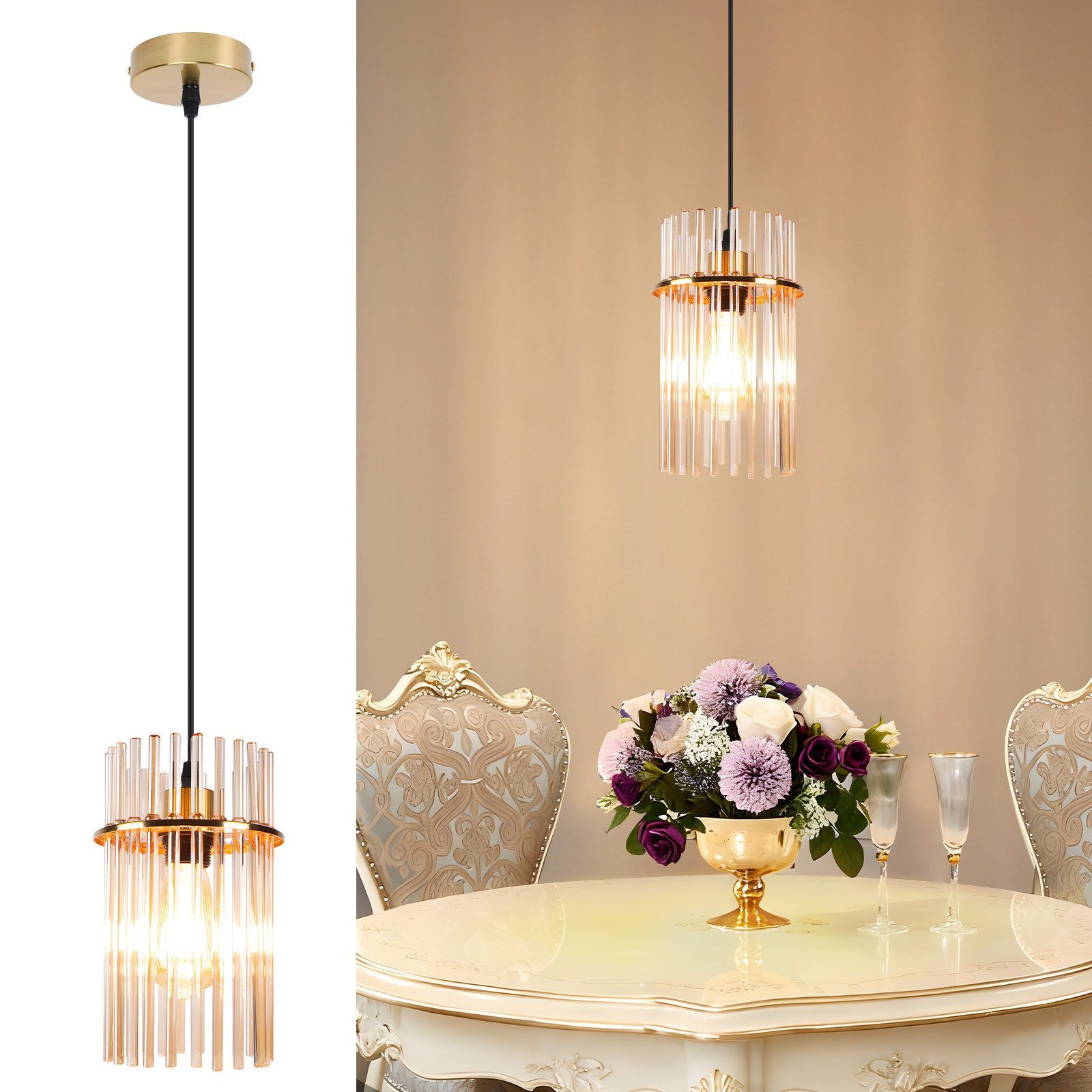 Nettlife Pendelleuchte Glas Esstisch 1/2/3/5 Flammig Modern Schwarz/Gold Ø 60cm E27, ohne Leuchtmittel, Esstischlampe für Wohnzimmer Küche