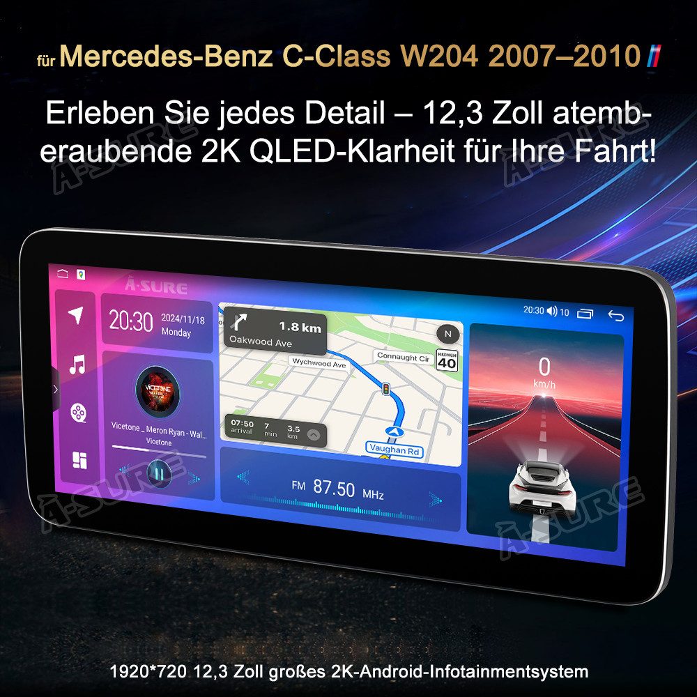 A-Sure 12.3" Autoradio 2K Carplay Navi Für Mercedes Benz C-Klasse W204 S204 Autoradio (Digitalradio (DAB), FM, AM)