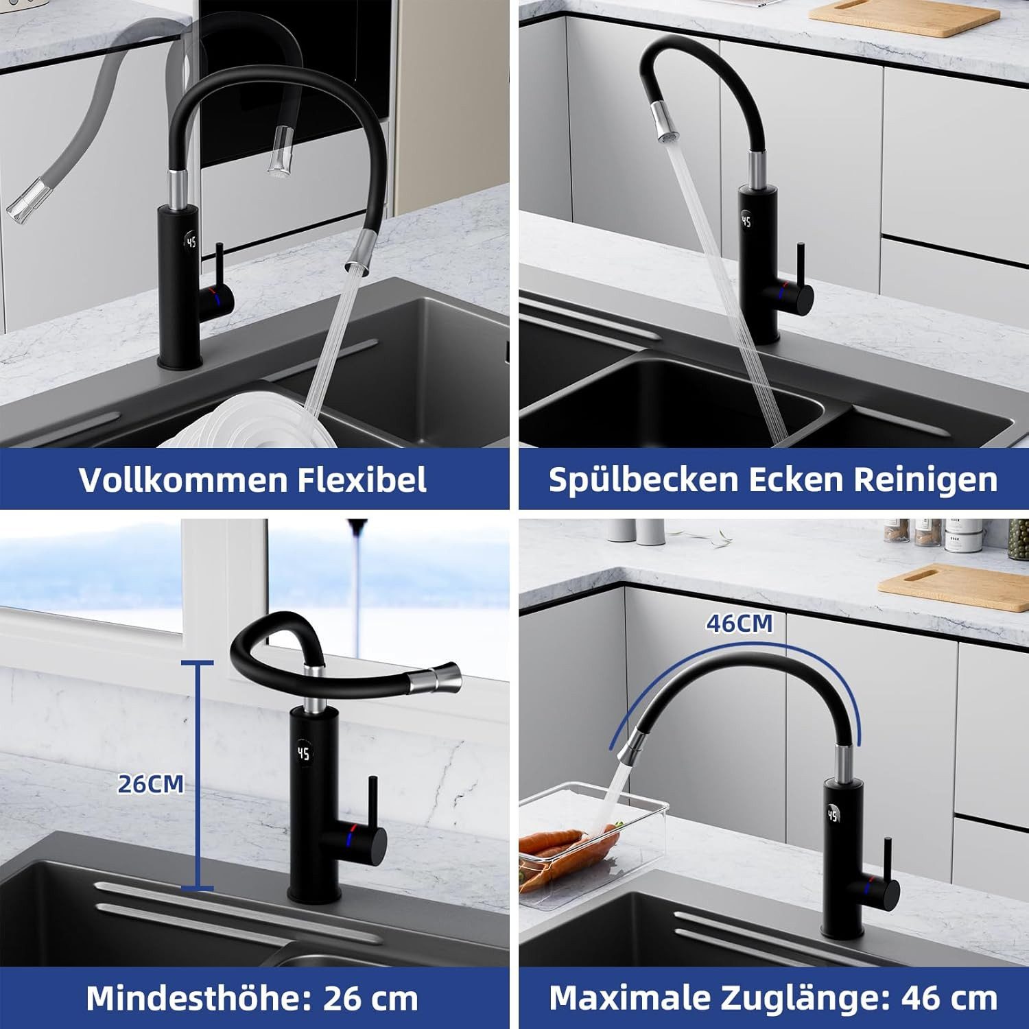 Oihpaw Durchlauferhitzer Elektrische Durchlauferhitzer, 360° Schwenkbar Armatur, 3000W, Kurzhebel, 1 St., Temperaturanzeige elektrischer Wasserhahn Küchenarmatu – Bild 5 von 5
