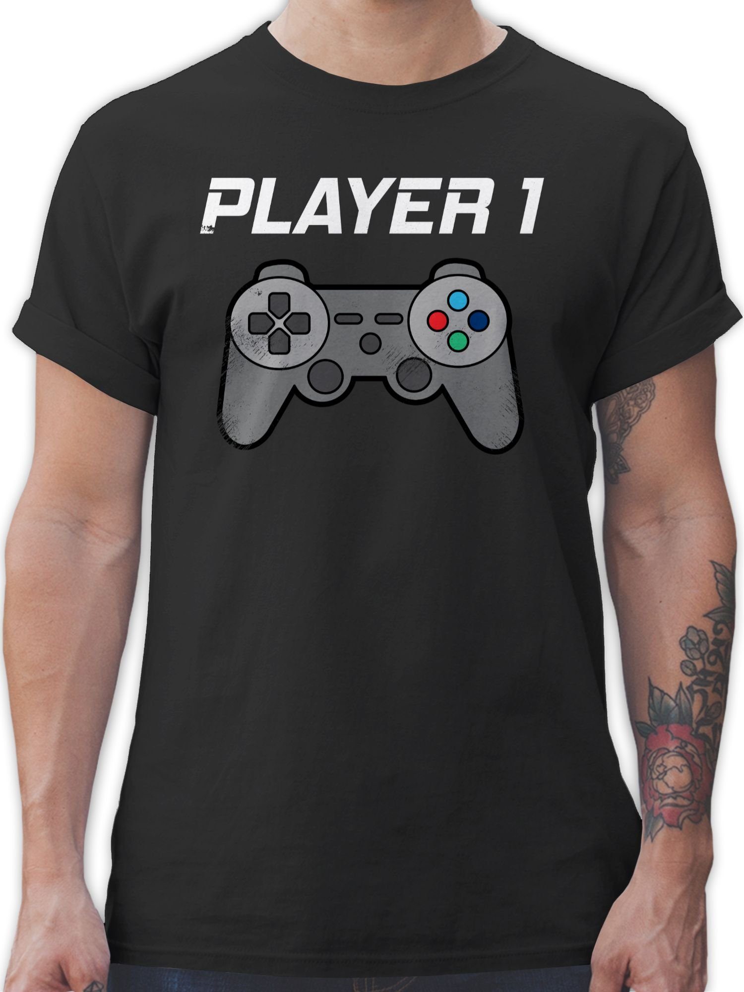 Shirtracer T-Shirt Player 1 Vintage Papa Familie Partner-Look 1 Schwarz